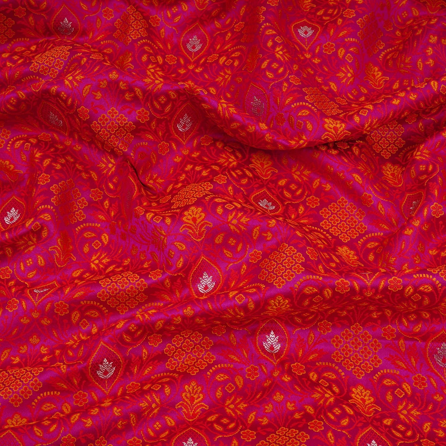 Rani Pink Zari Booti Dohri Tanchoi Silk Fabric HMSS-32725