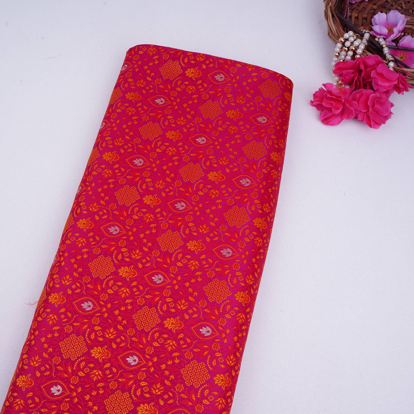 Rani Pink Zari Booti Dohri Tanchoi Silk Fabric HMSS-32725