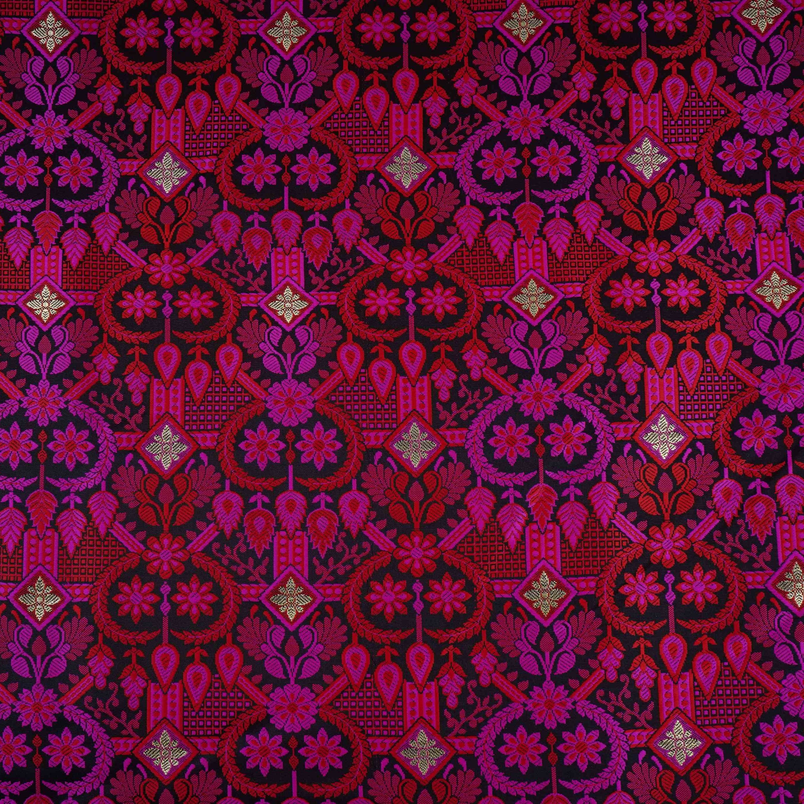 Black Zari Booti Dohri Tanchoi Silk Fabric HMSS-32732