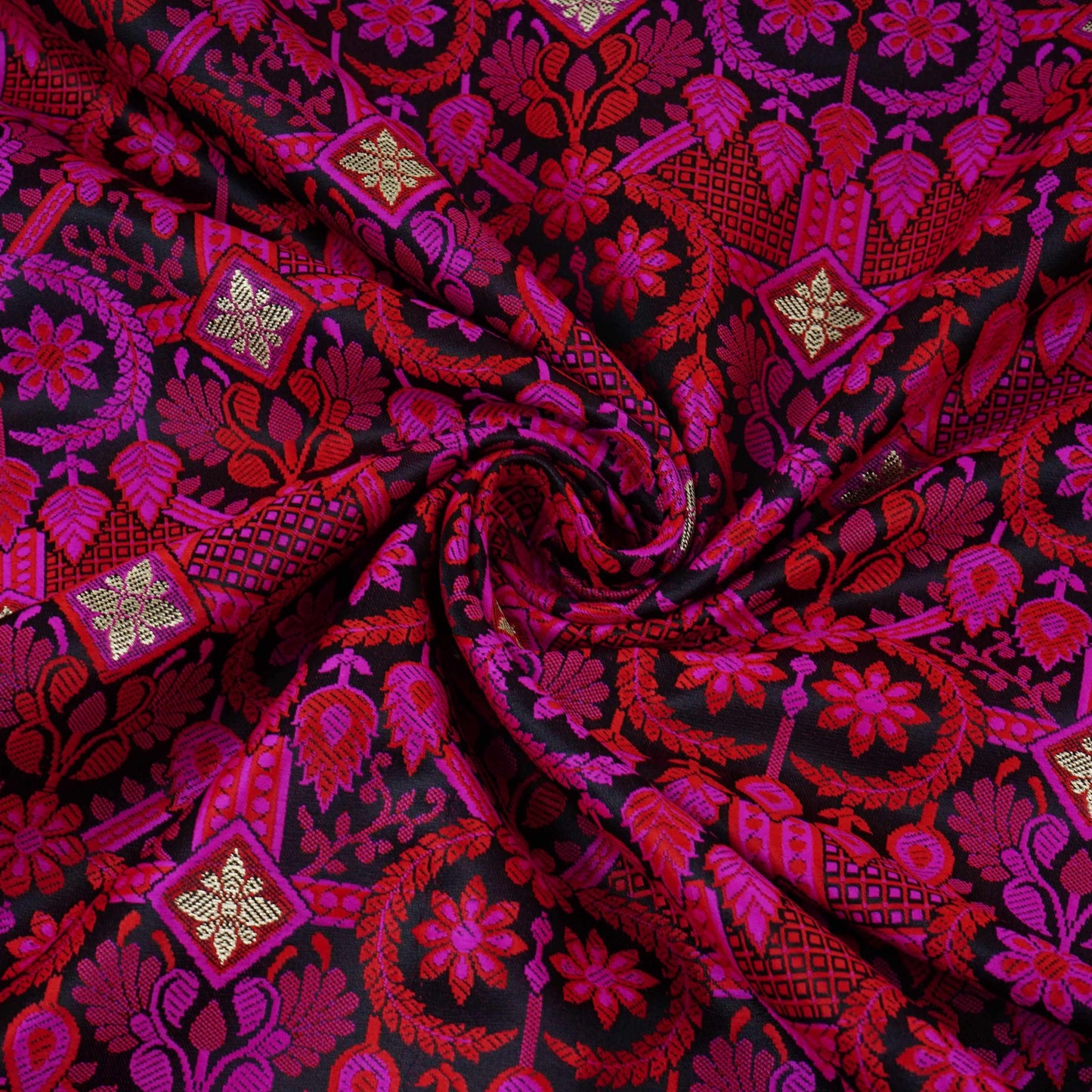Black Zari Booti Dohri Tanchoi Silk Fabric HMSS-32732