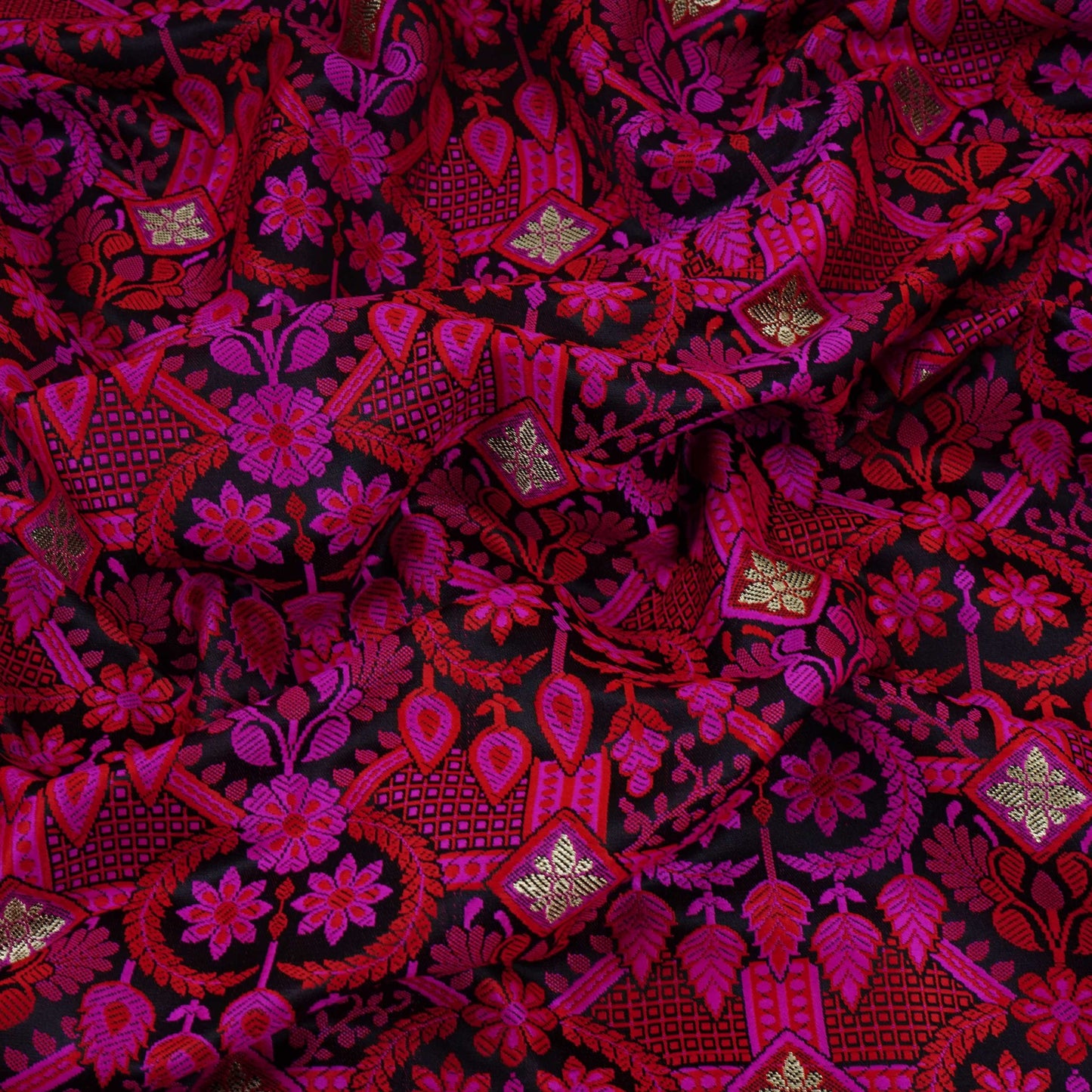 Black Zari Booti Dohri Tanchoi Silk Fabric HMSS-32732