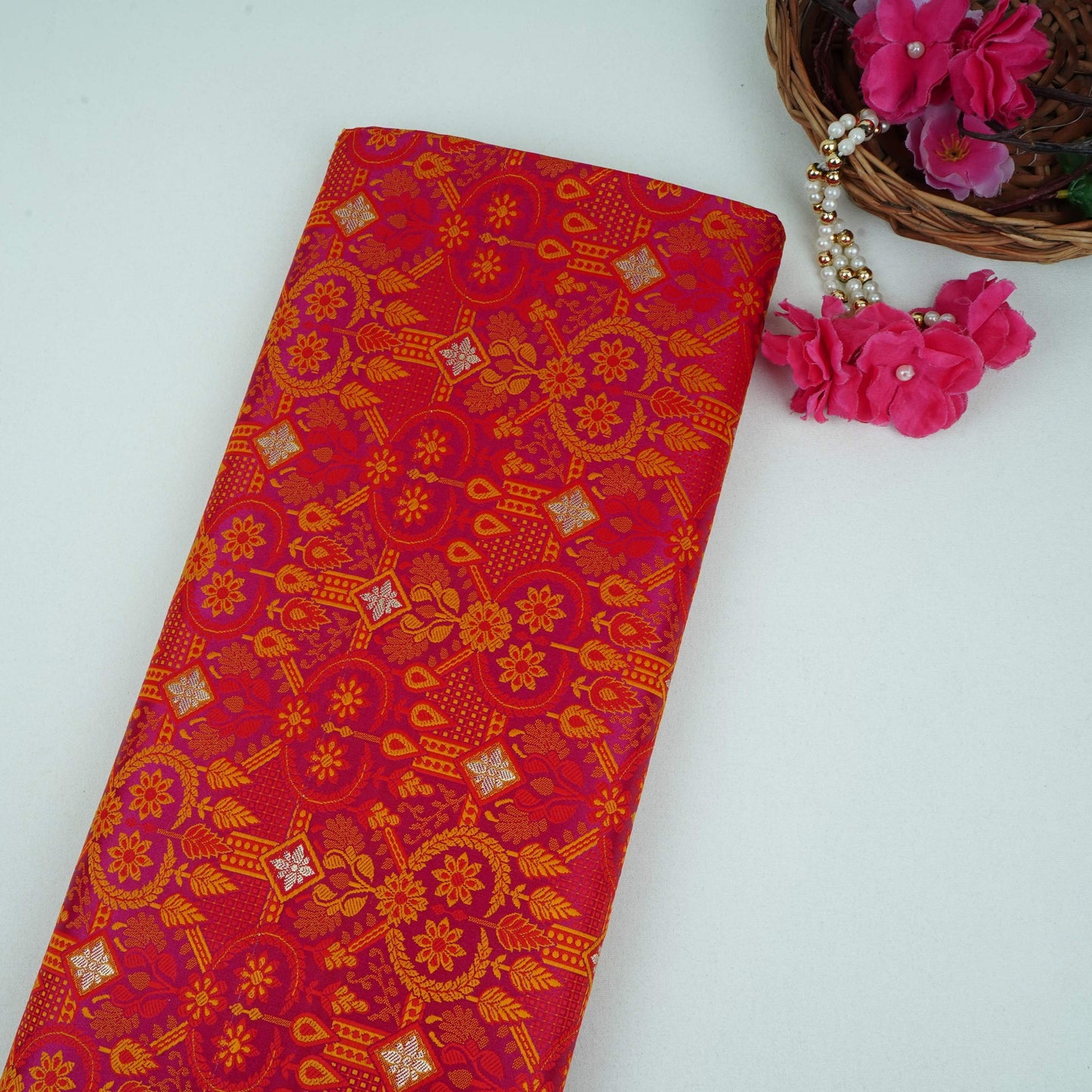 Magenta Zari Booti Dohri Tanchoi Silk Fabric HMSS-32731