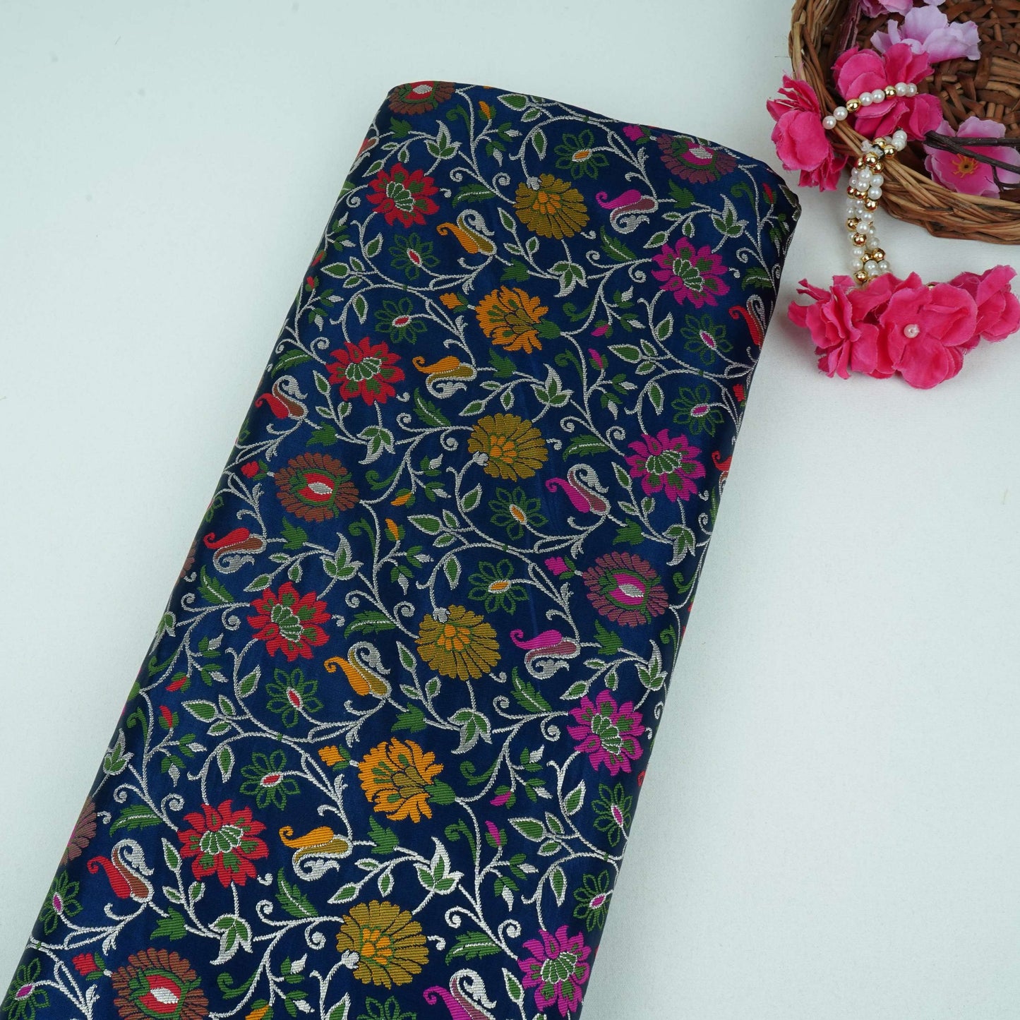 Navy Blue Kimkhab Brocade Fabric HMSS-32798