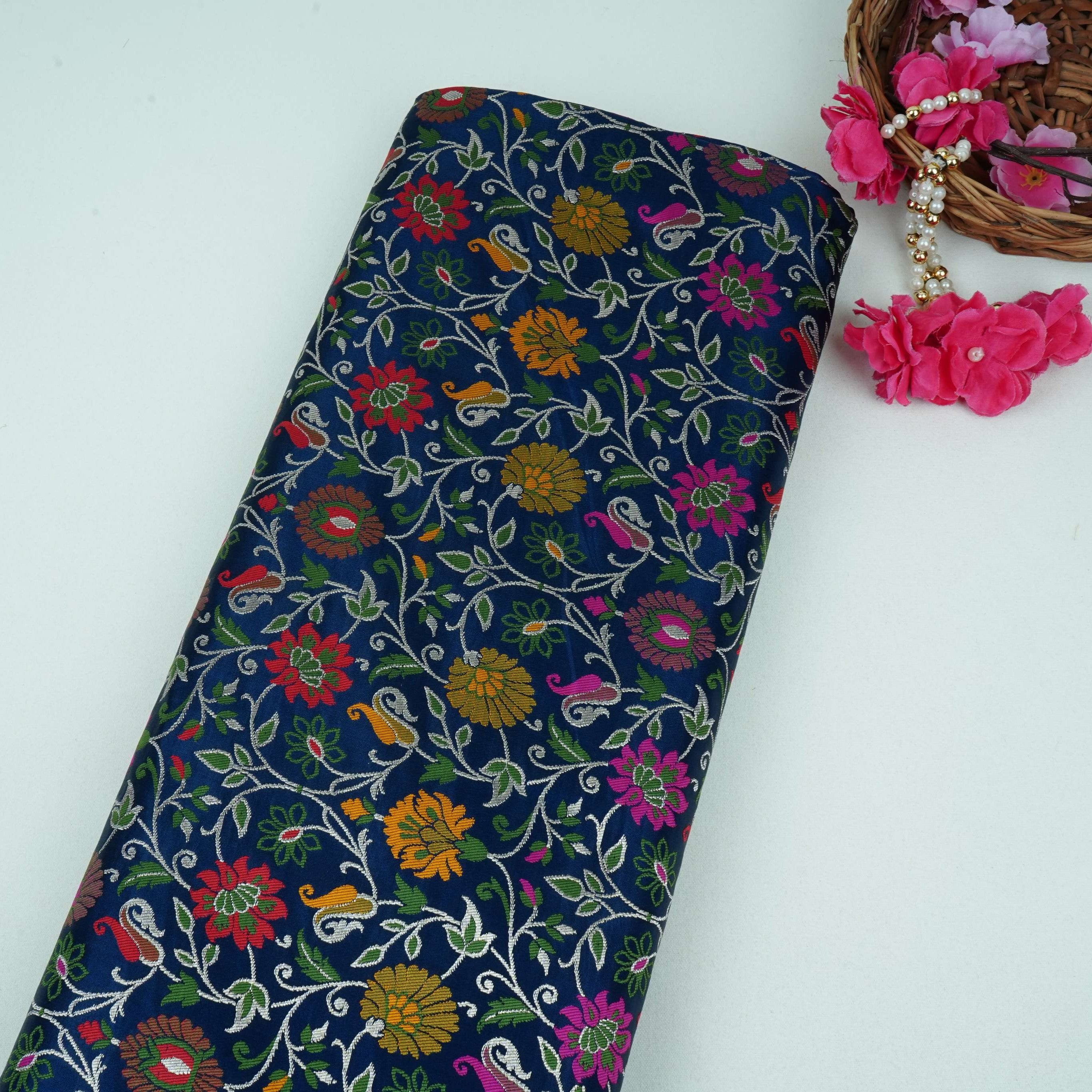 Navy Blue Kimkhab Brocade Fabric HMSS-32798