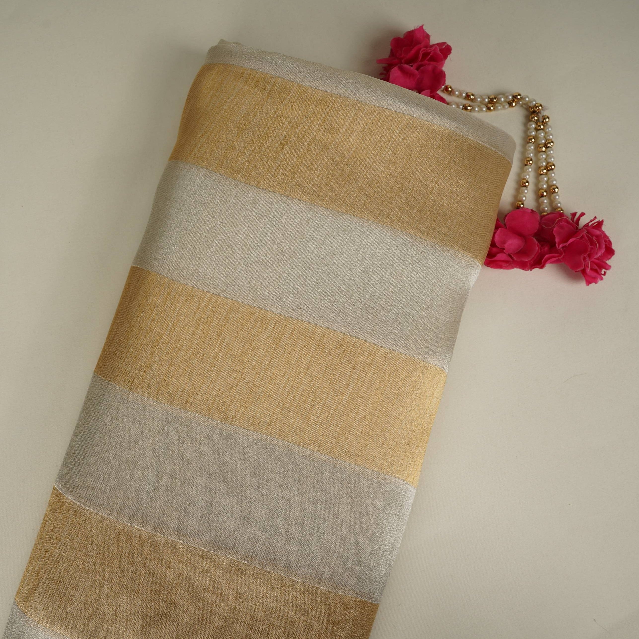Golden with Off White Stripes Shimmer Tissue Fabric MTI-31260 - TradeUNO