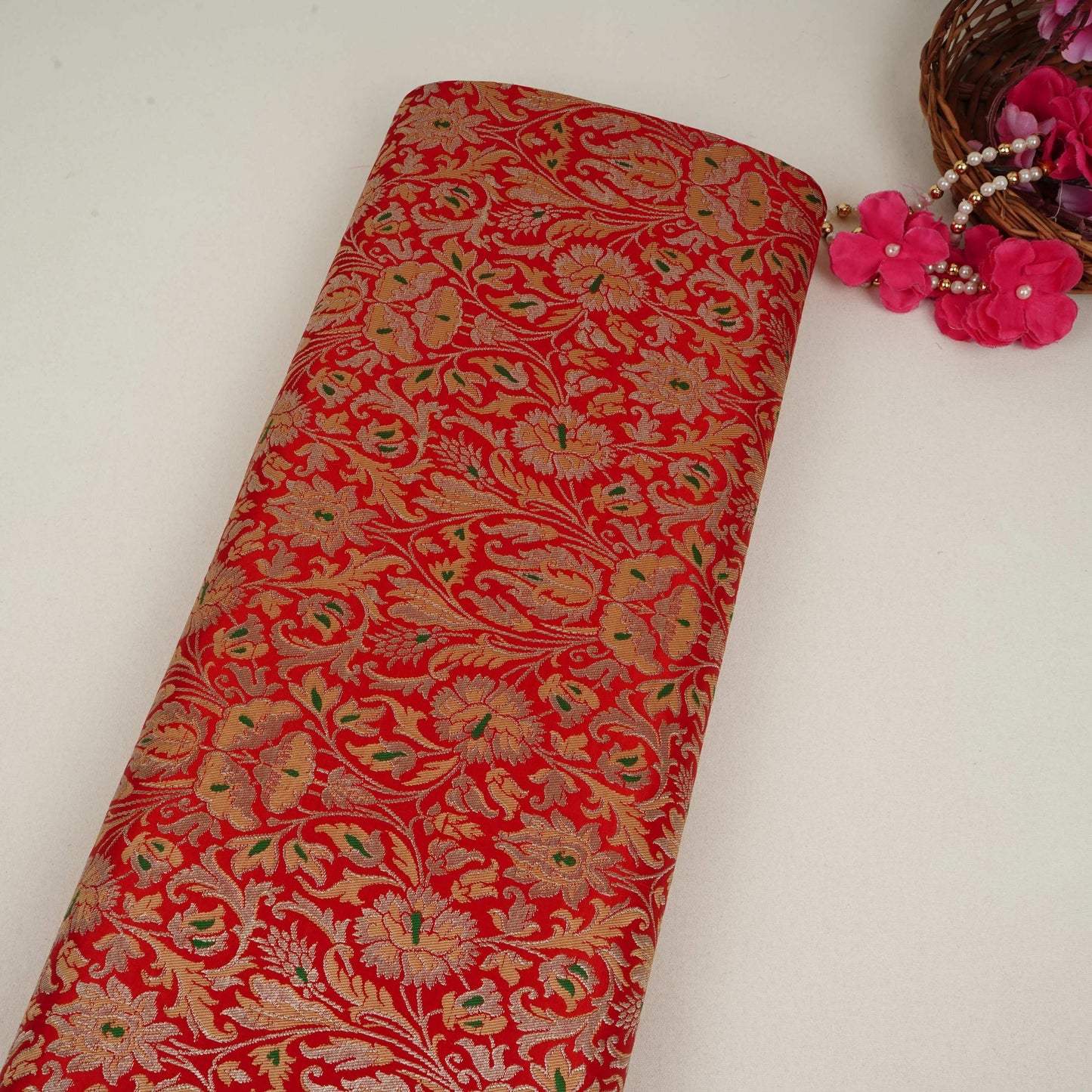 Red Alfi Meena Kimkhab Brocade Fabric HMSS-32768