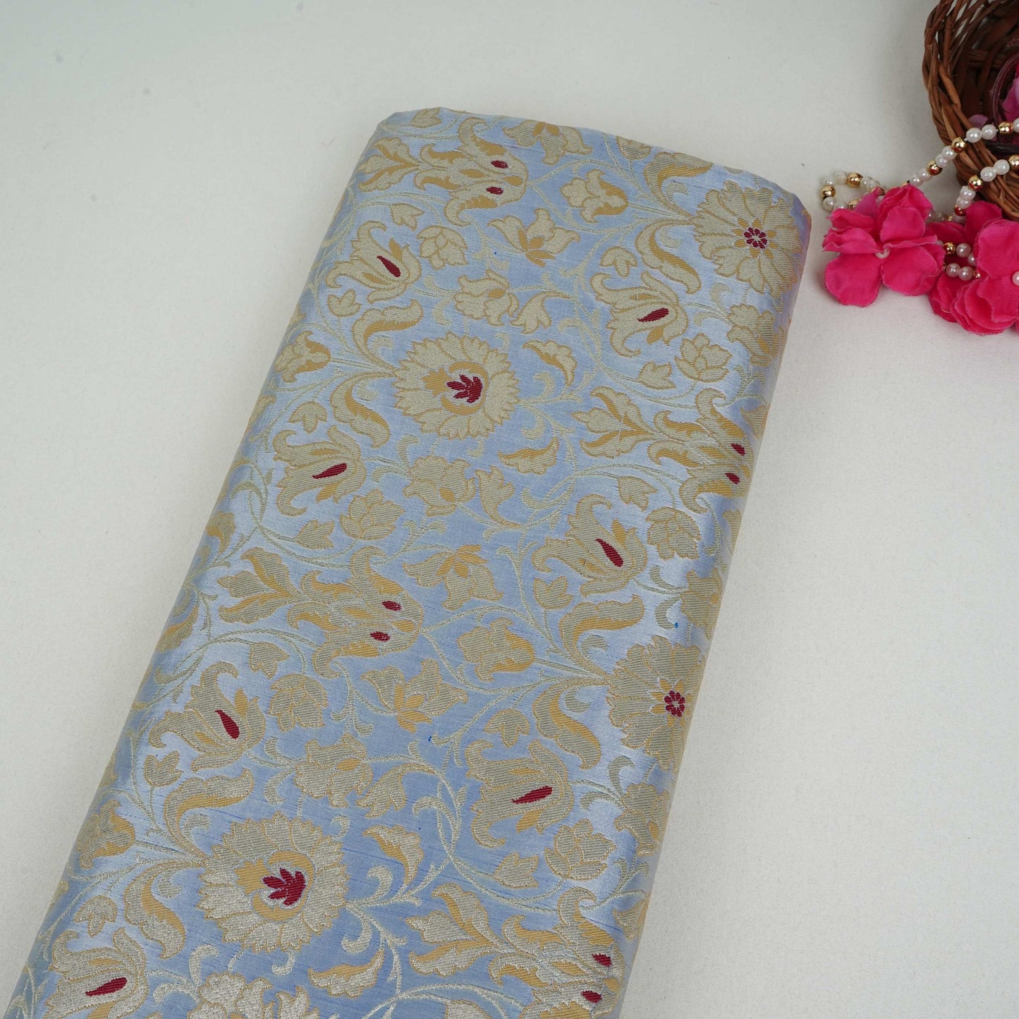 Powder Blue Alfi Meena Kimkhab Brocade Fabric HMSS-32765