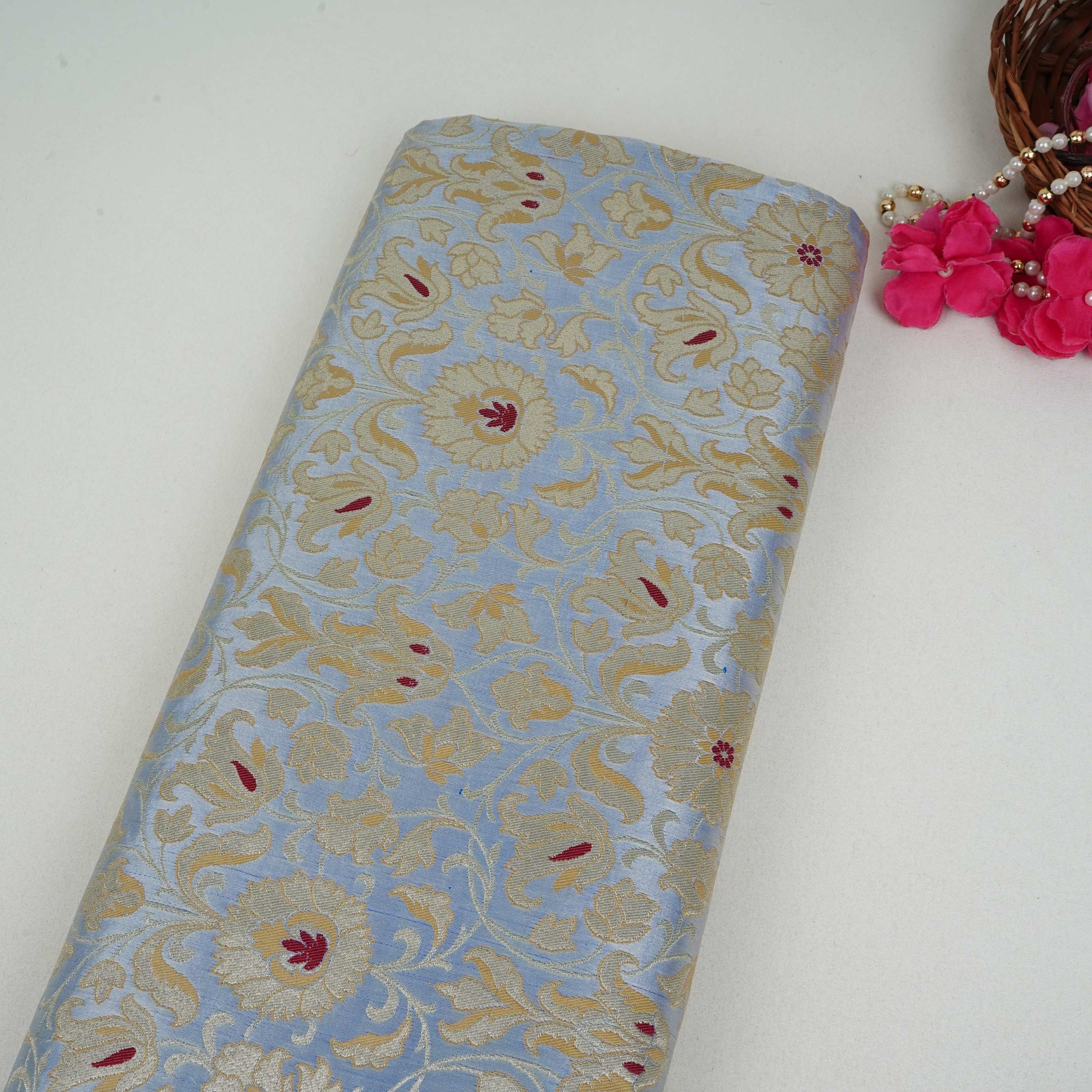 Powder Blue Alfi Meena Kimkhab Brocade Fabric HMSS-32765
