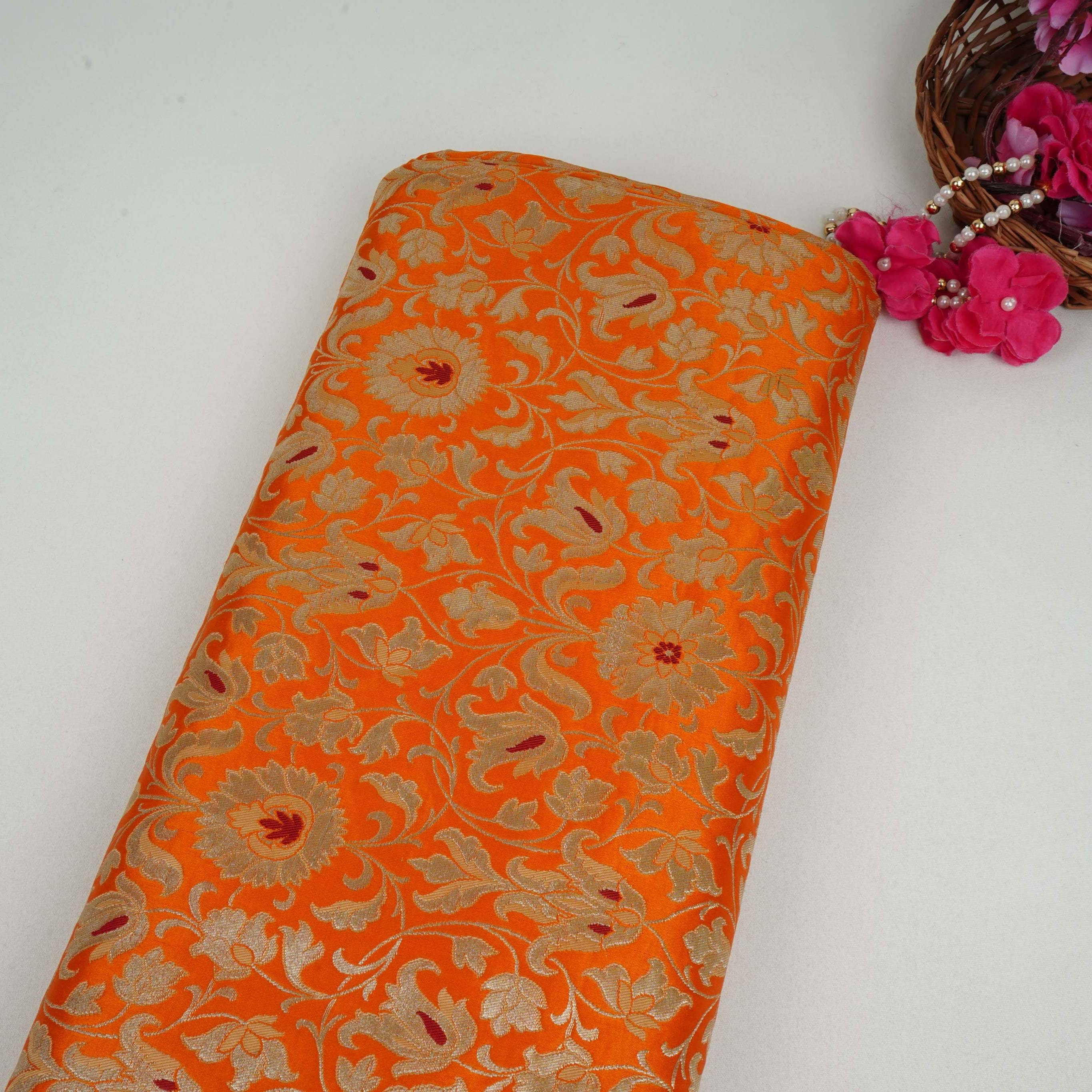 Orange Alfi Meena Kimkhab Brocade Fabric HMSS-32766