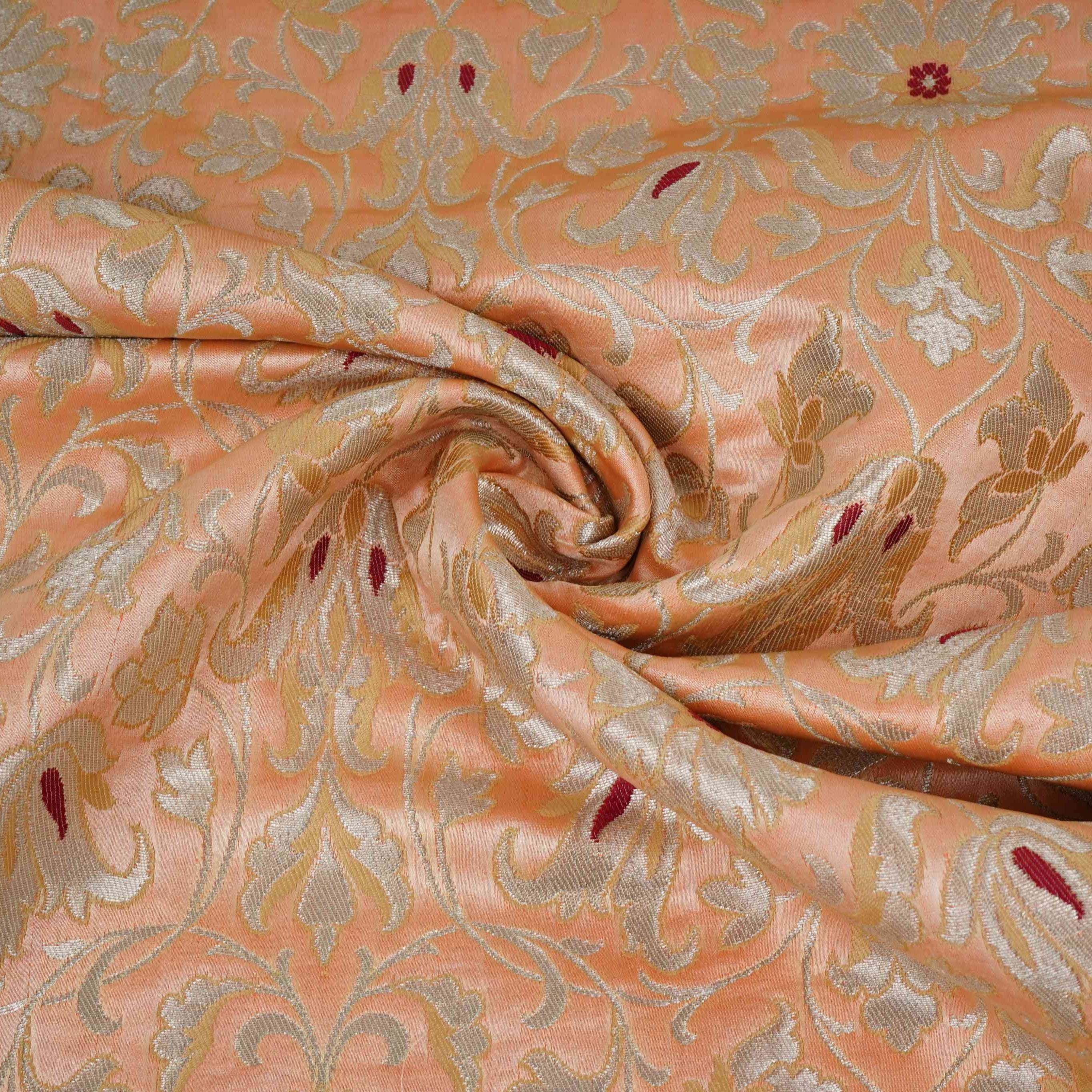 Peach Alfi Meena Kimkhab Brocade Fabric HMSS-32764