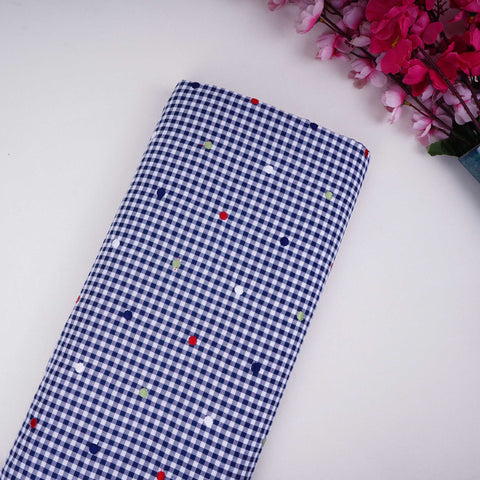 Navy Blue Checks embroidery Cotton Fabric MJF-31316