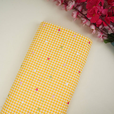 Yellow Checks embroidery Cotton Fabric MJF-31318