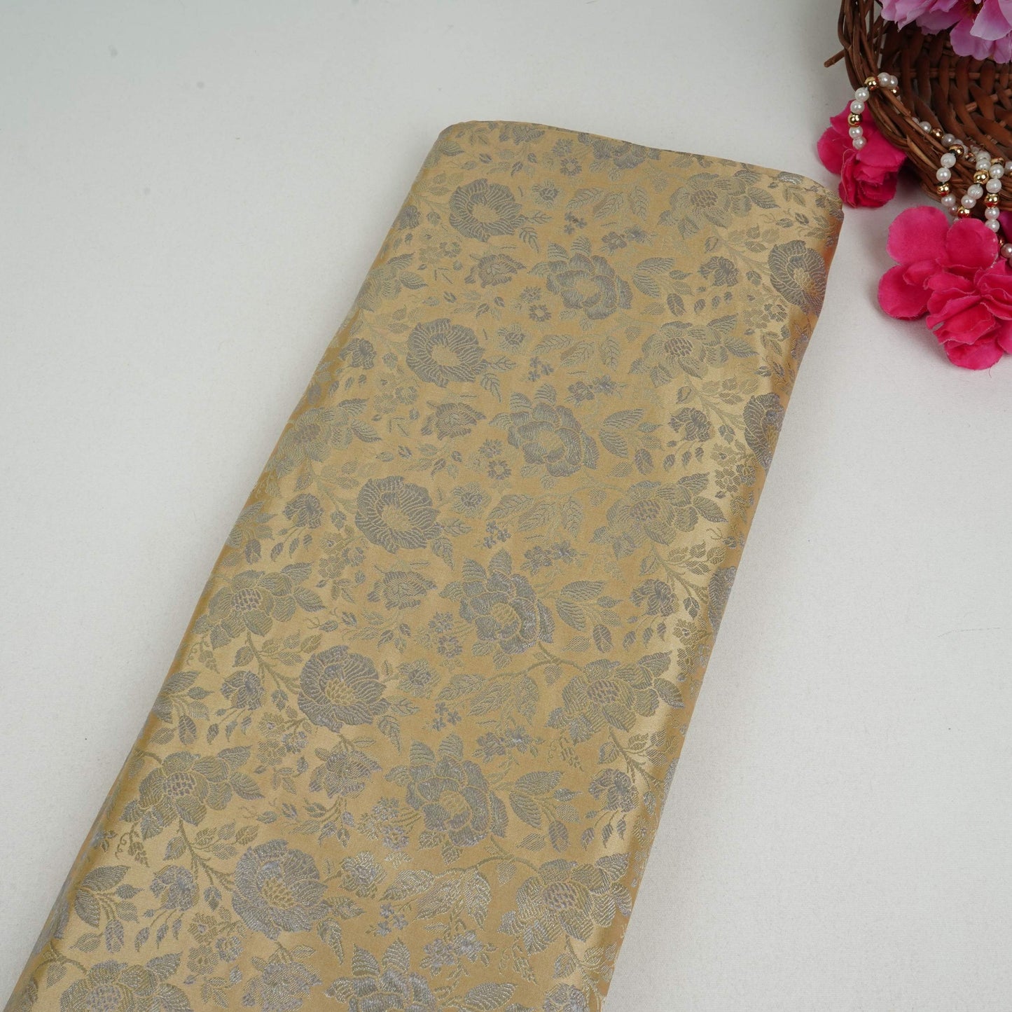 Cream Jamawar Resham Zari Dohra Brocade Fabric HMSS-32740