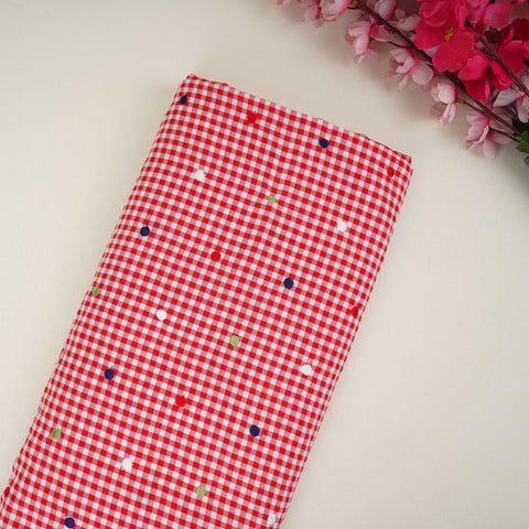 Red Checks embroidery Cotton Fabric MJF-31319