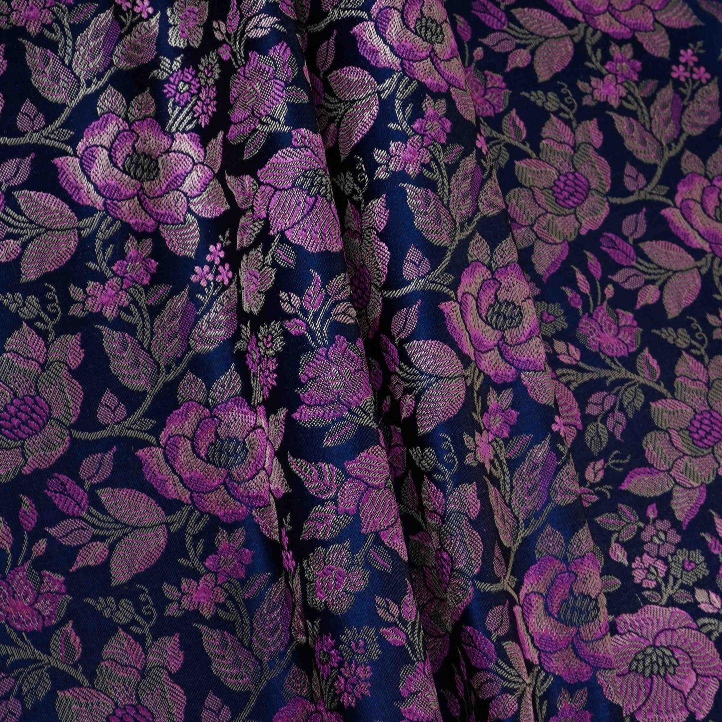 Navy Blue Jamawar Resham Zari Dohra Brocade Fabric HMSS-32738