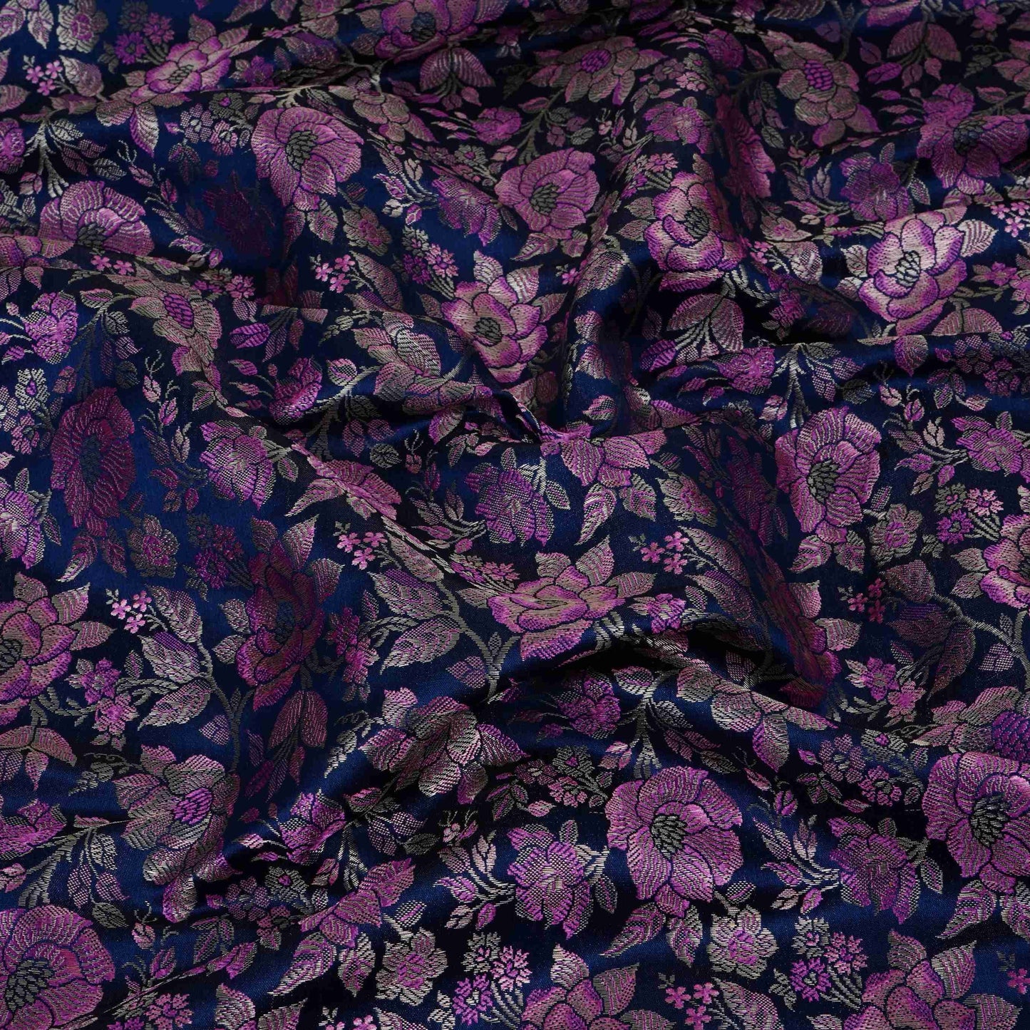 Navy Blue Jamawar Resham Zari Dohra Brocade Fabric HMSS-32738