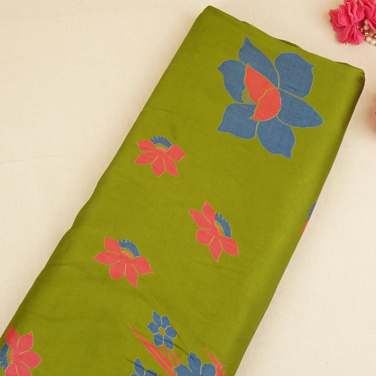 Parrot Green Floral Print Modal Satin SN-29525