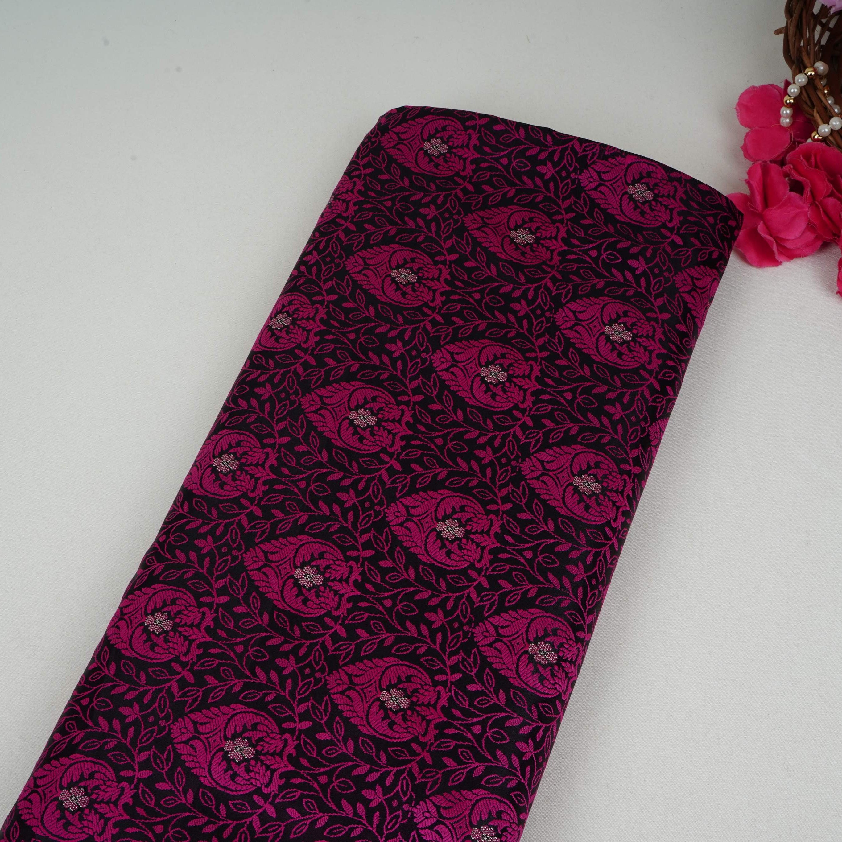 Black Zari Booti Tanchoi Silk Fabric HMSS-32752