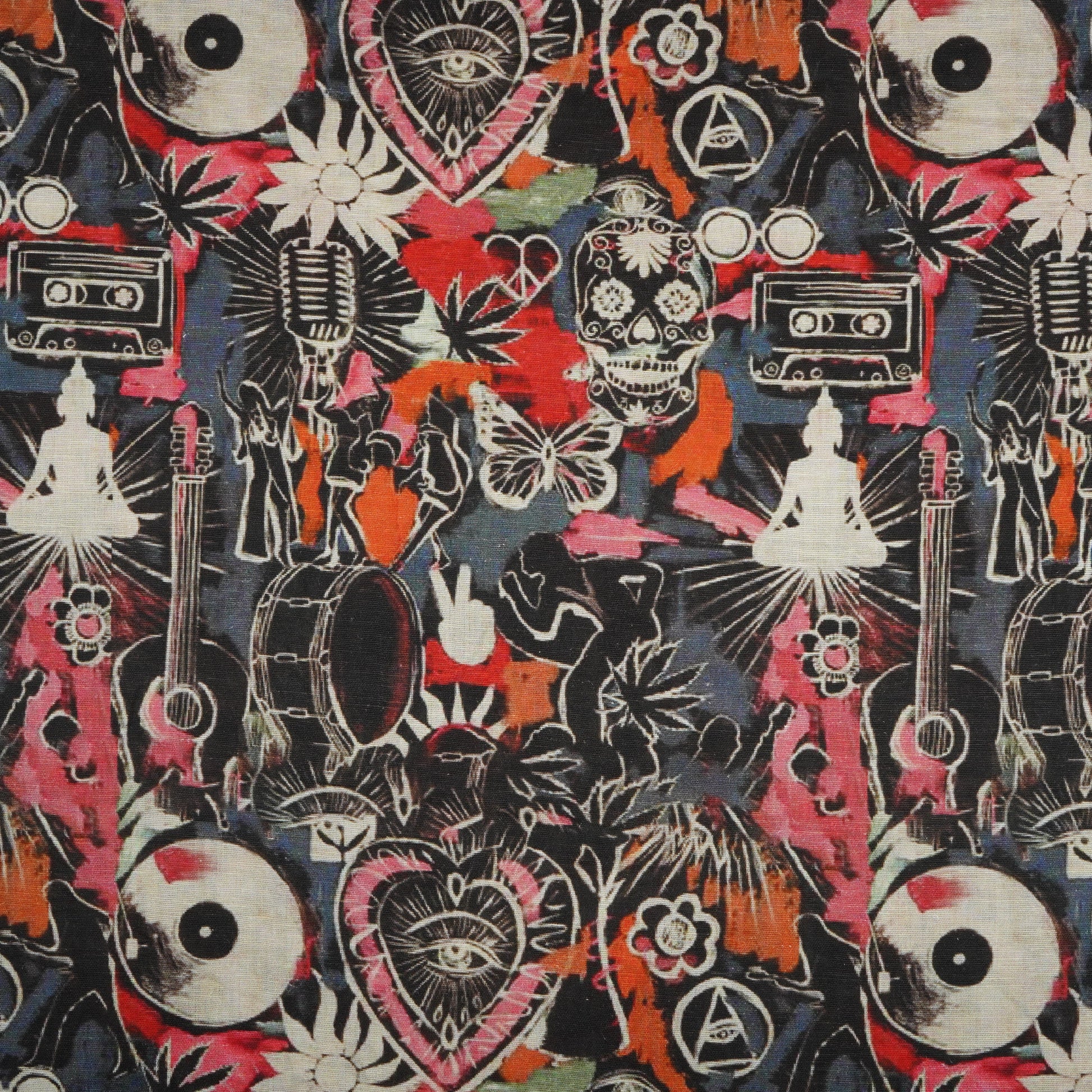 Black Abstarct Print Cotton Linen Fabric 21026