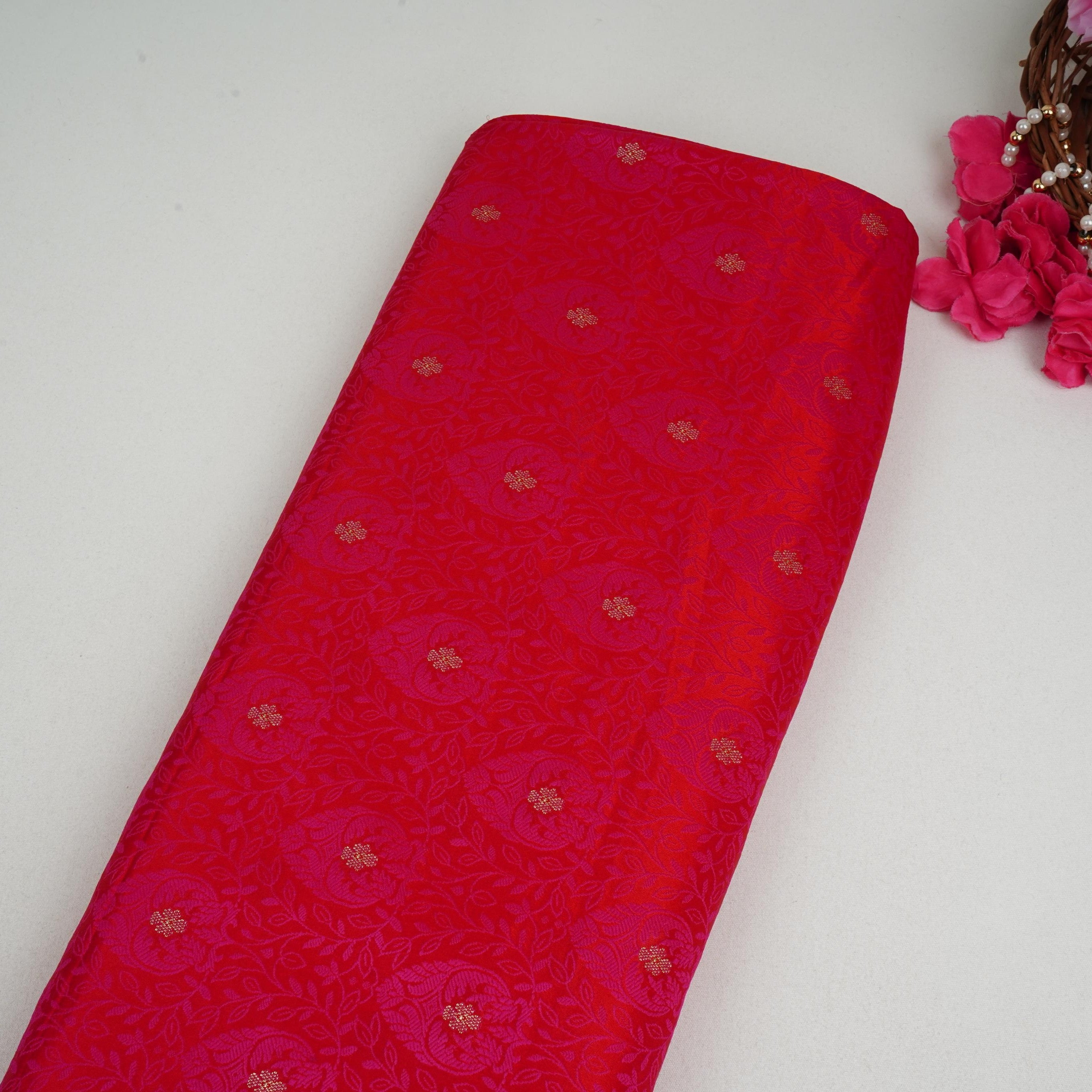 Red Zari Booti Tanchoi Silk Fabric HMSS-32750