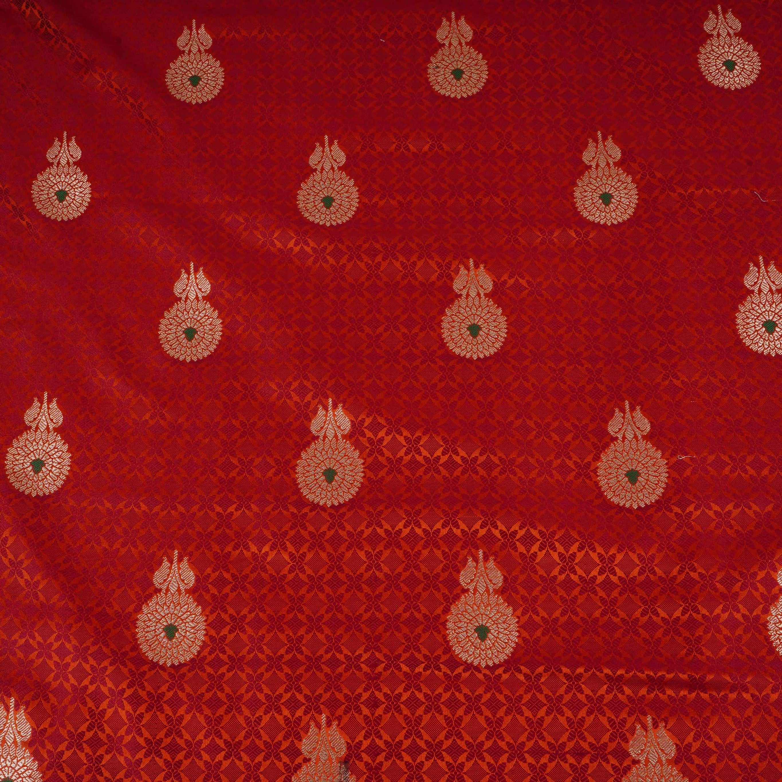 Orange Zari Meena Boota Tanchoi Silk Fabric HMSS-32747