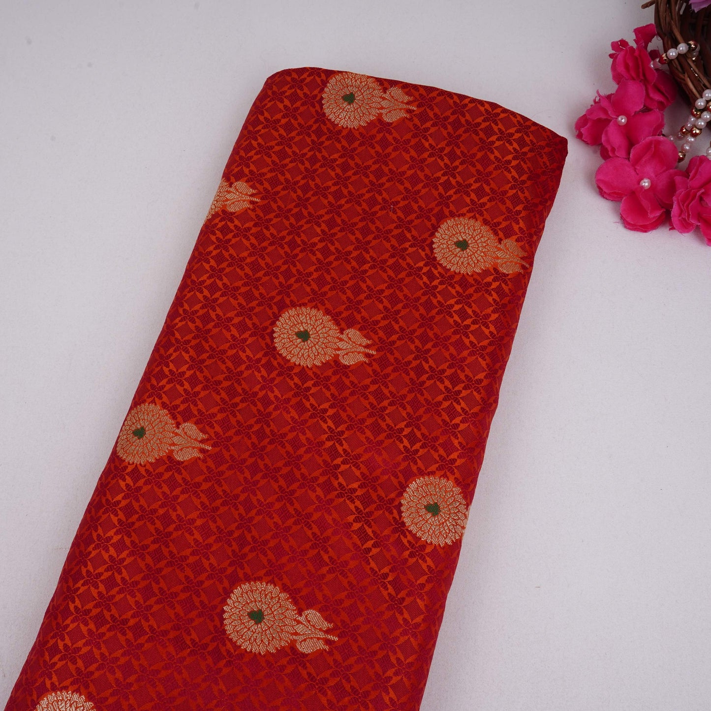 Orange Zari Meena Boota Tanchoi Silk Fabric HMSS-32747