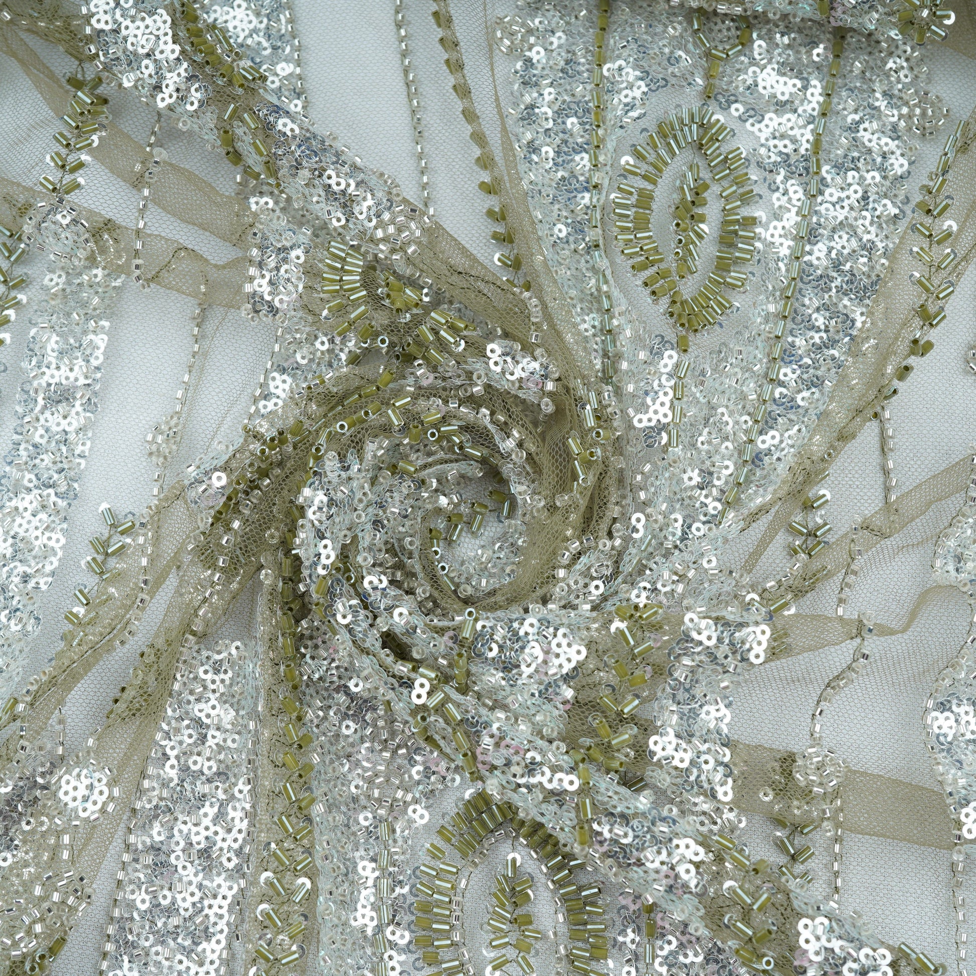 Olive Green Cutdana Sequins Embroidery Net Fabric 21236 TradeUNO Fabrics Olive Green Cutdana Sequins Embroidery Net Fabric 21236 TradeUNO Fabrics