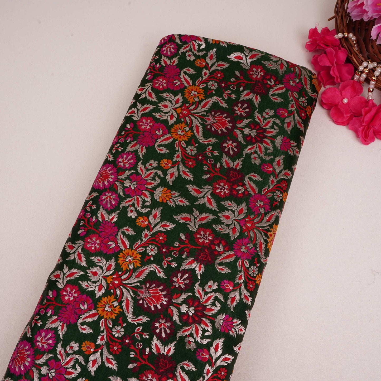 Bottle Green Kimkhab Brocade Fabric HMSS-32783