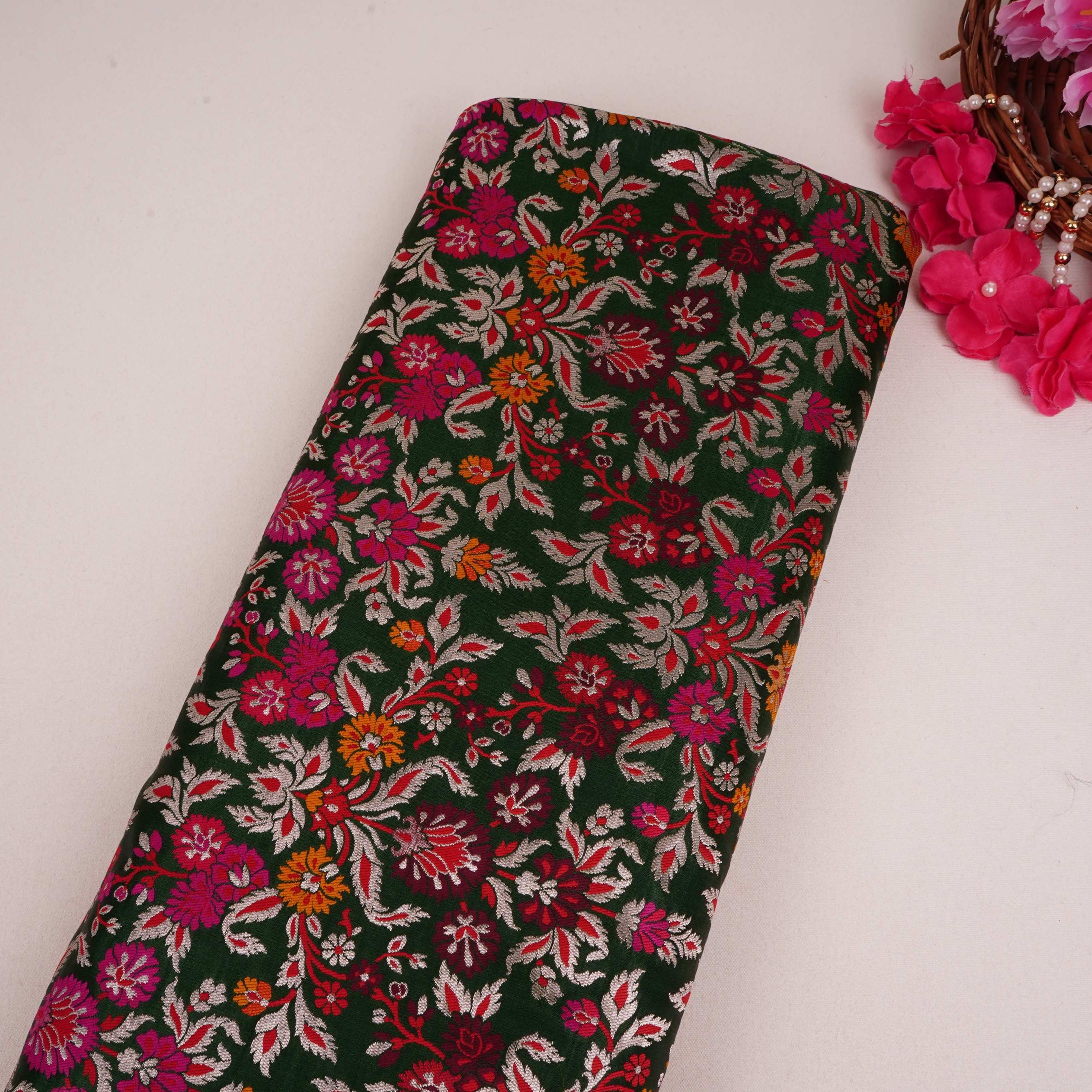 Bottle Green Kimkhab Brocade Fabric HMSS-32783