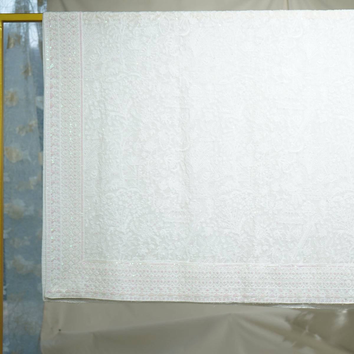 White Traditional Thread Sequins Embroidery Georgette Dupatta 15308 - TradeUNO
