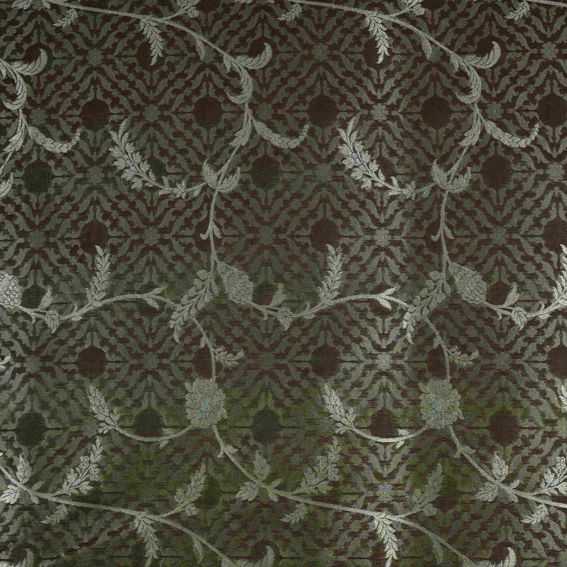 Olive Green Alfi Zari silver Meena Alfi Brocade Fabric HMSS-32737