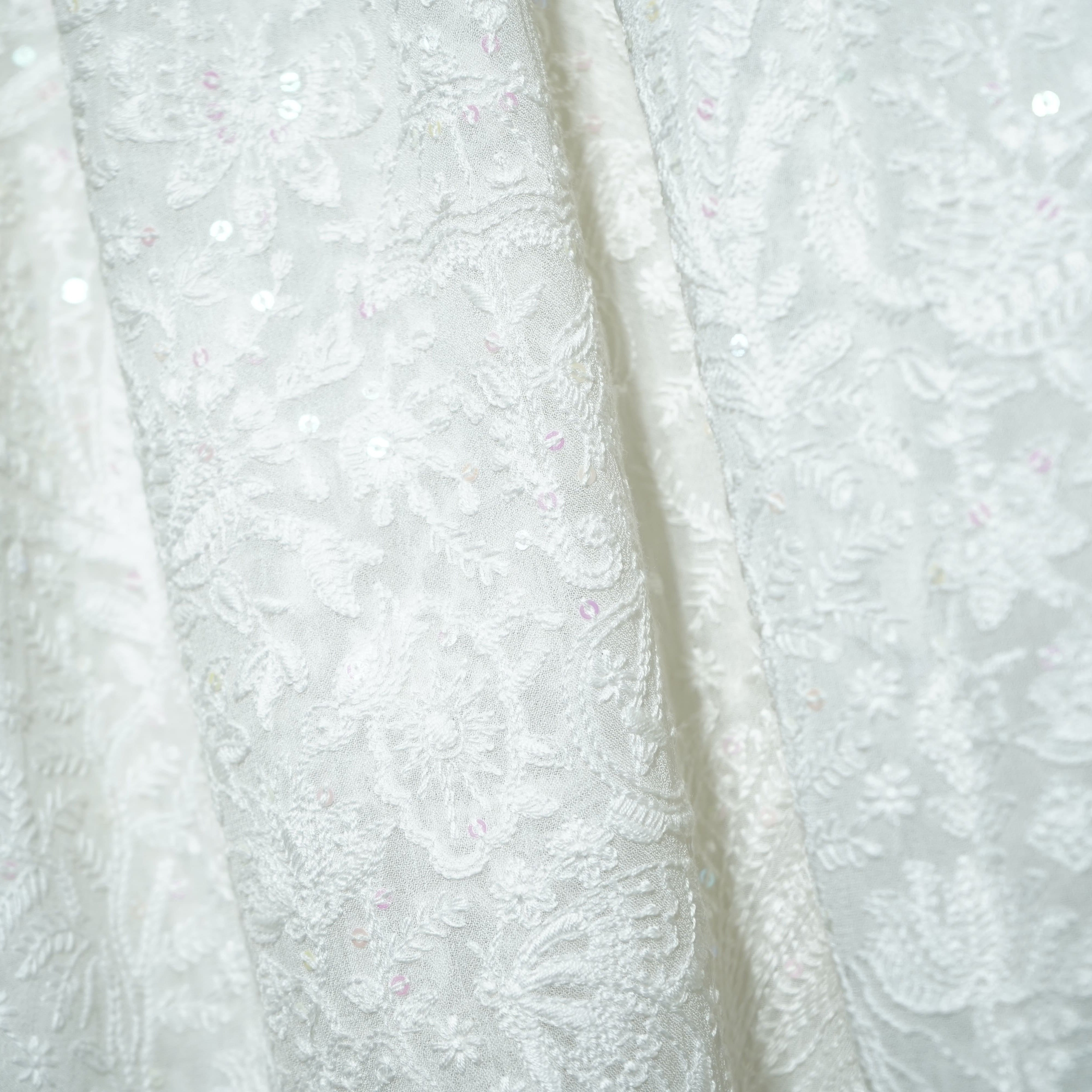 White Traditional Thread Sequins Embroidery Georgette Dupatta 15308