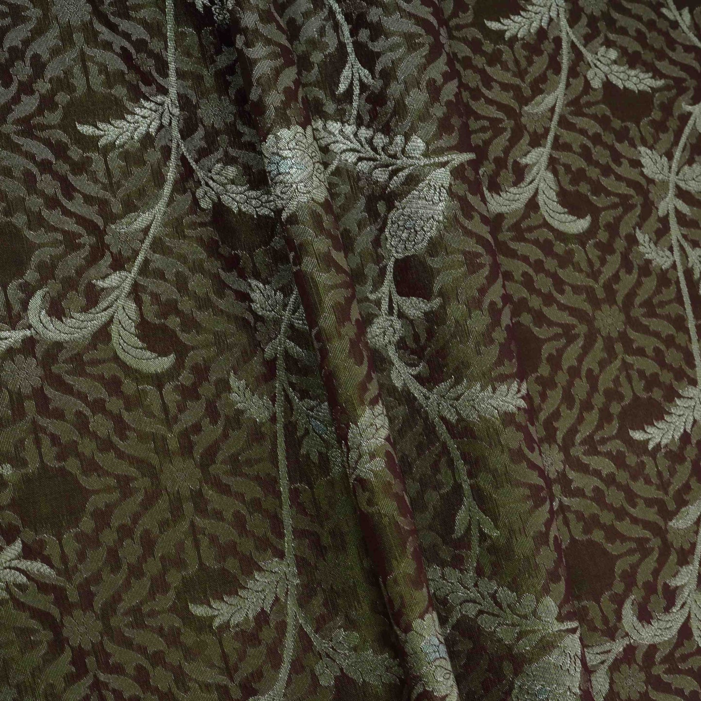 Olive Green Alfi Zari silver Meena Alfi Brocade Fabric HMSS-32737