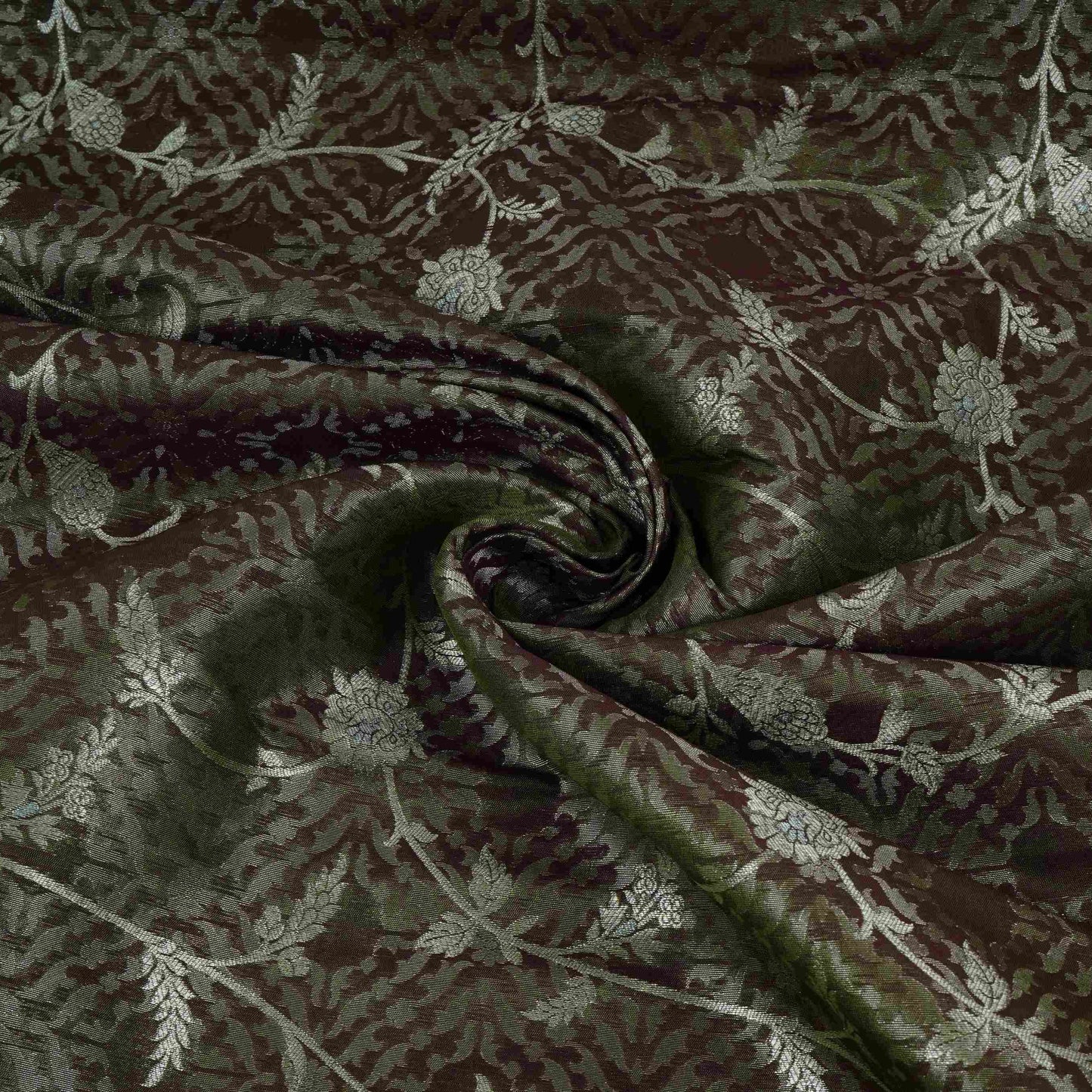 Olive Green Alfi Zari silver Meena Alfi Brocade Fabric HMSS-32737