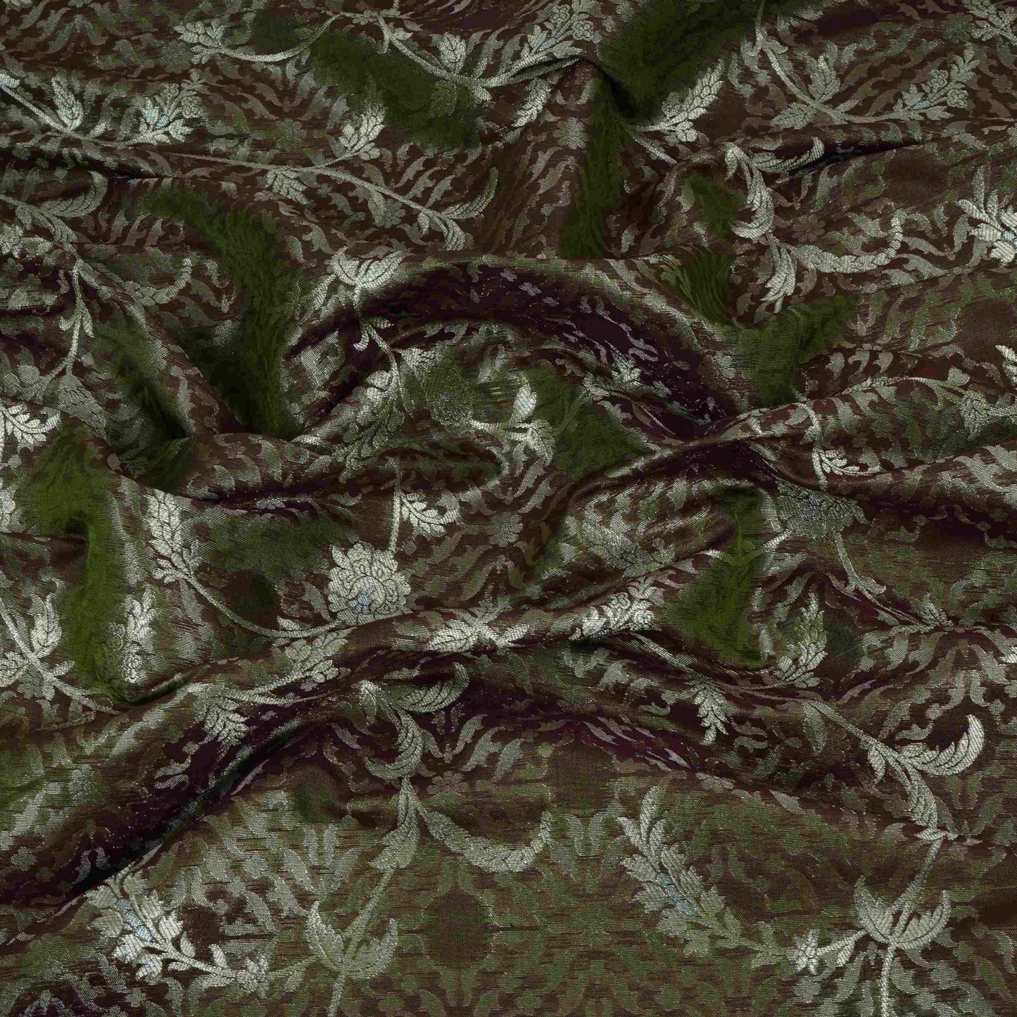 Olive Green Alfi Zari silver Meena Alfi Brocade Fabric HMSS-32737