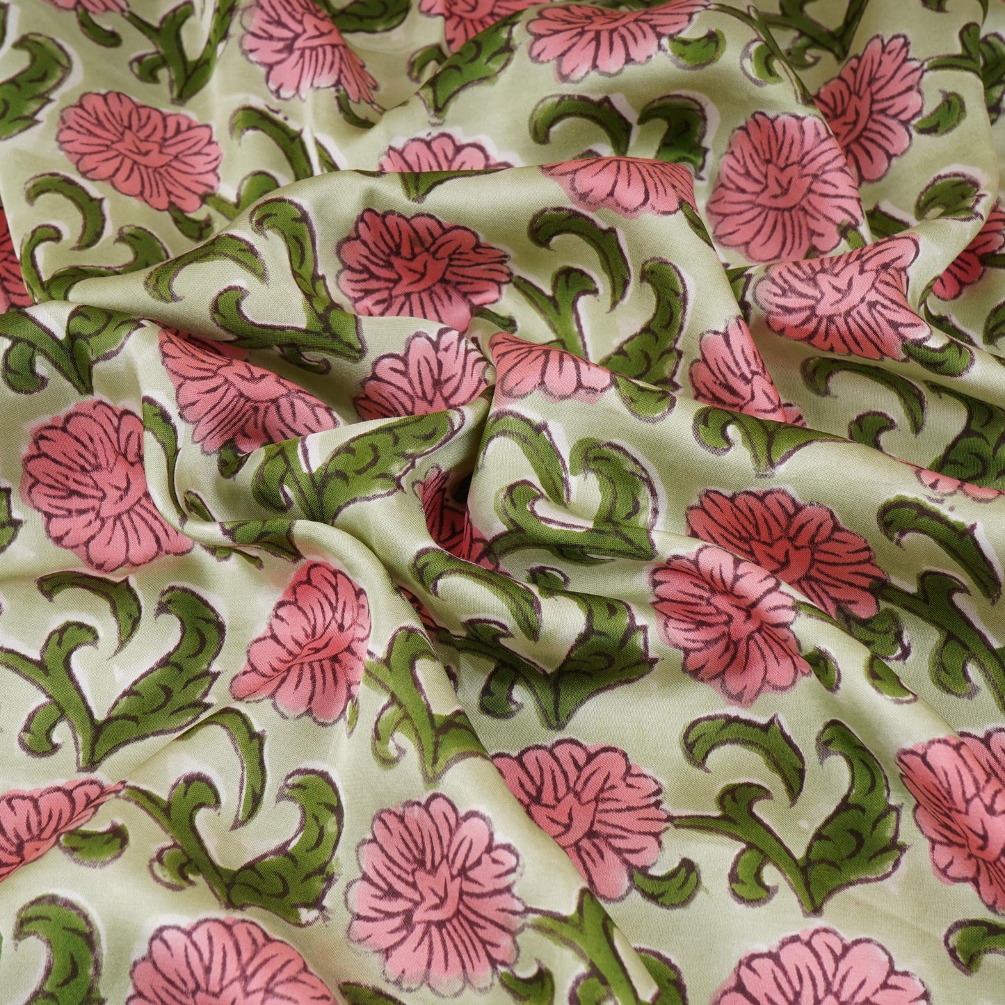 Olive Green Floral print Modal Satin Fabric AFI-29540