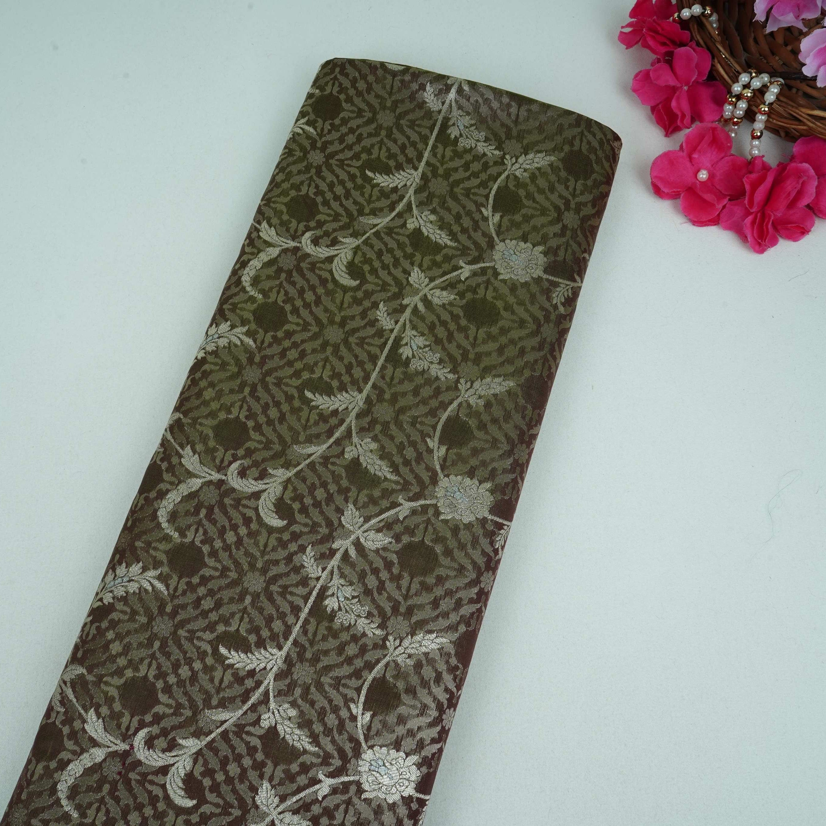 Olive Green Alfi Zari silver Meena Alfi Brocade Fabric HMSS-32737