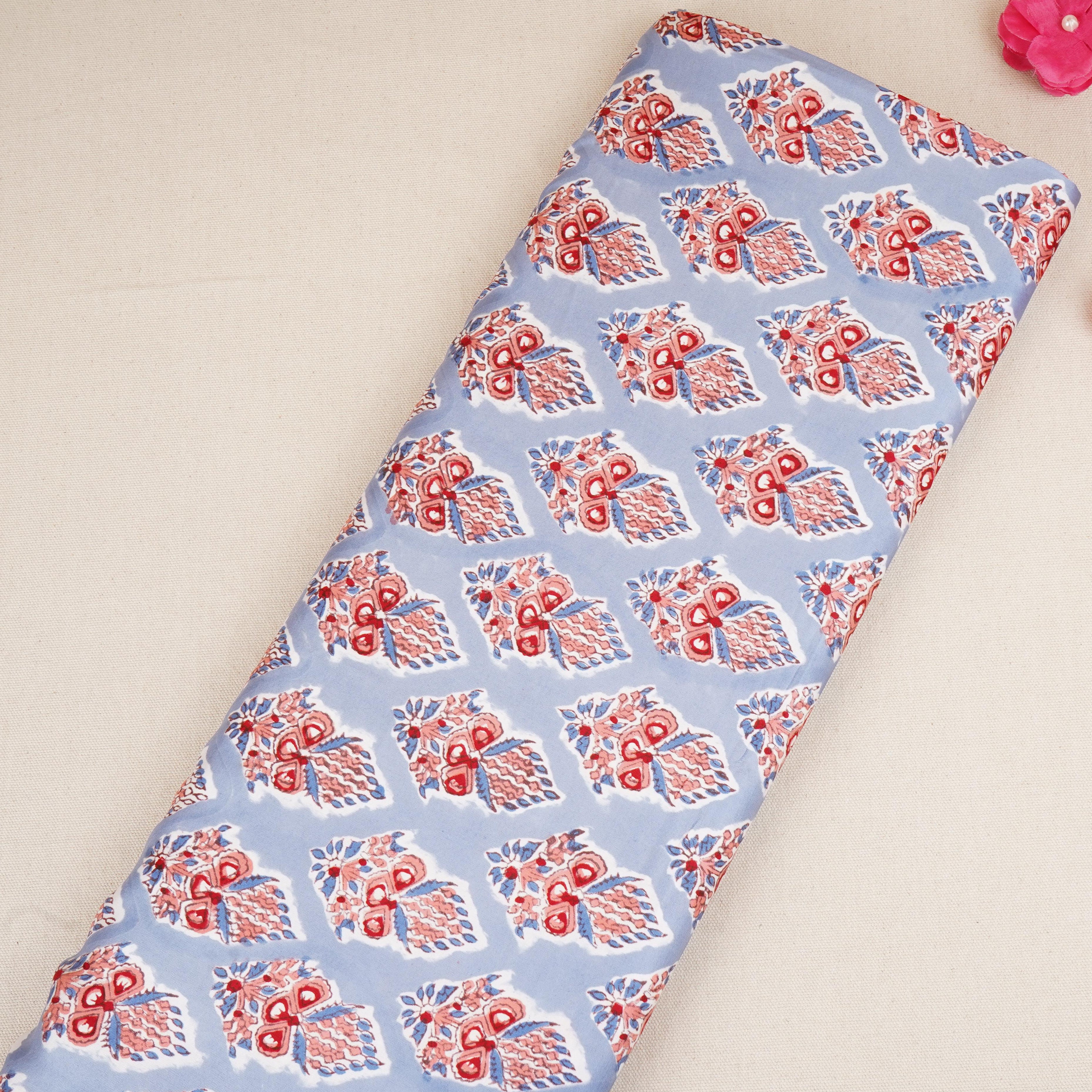 Sky Blue floral Print Modal Satin Fabric AFI-29543 - TradeUNO