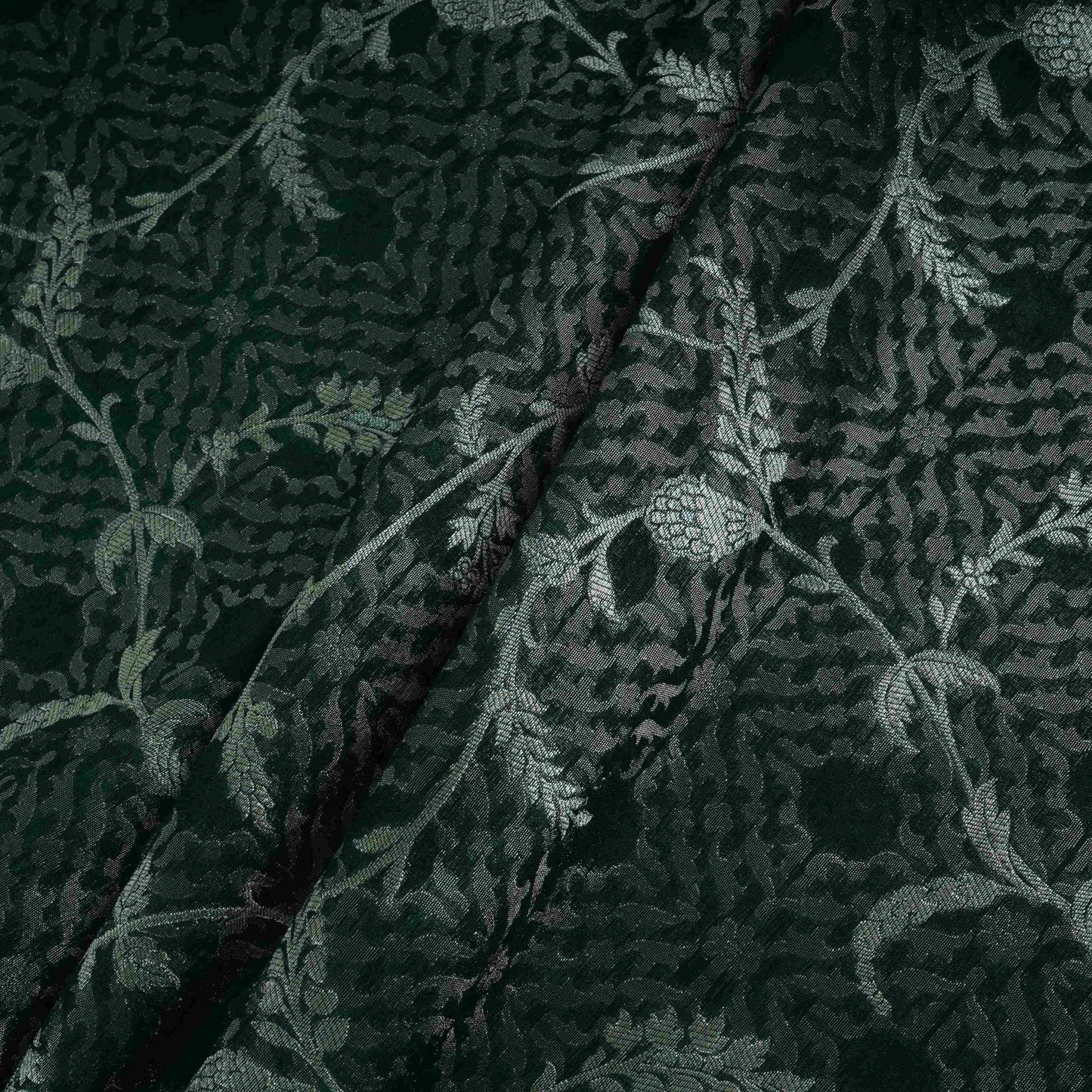 Bottle Green Silver Zari Meena Alfi Brocade Fabric HMSS-32734