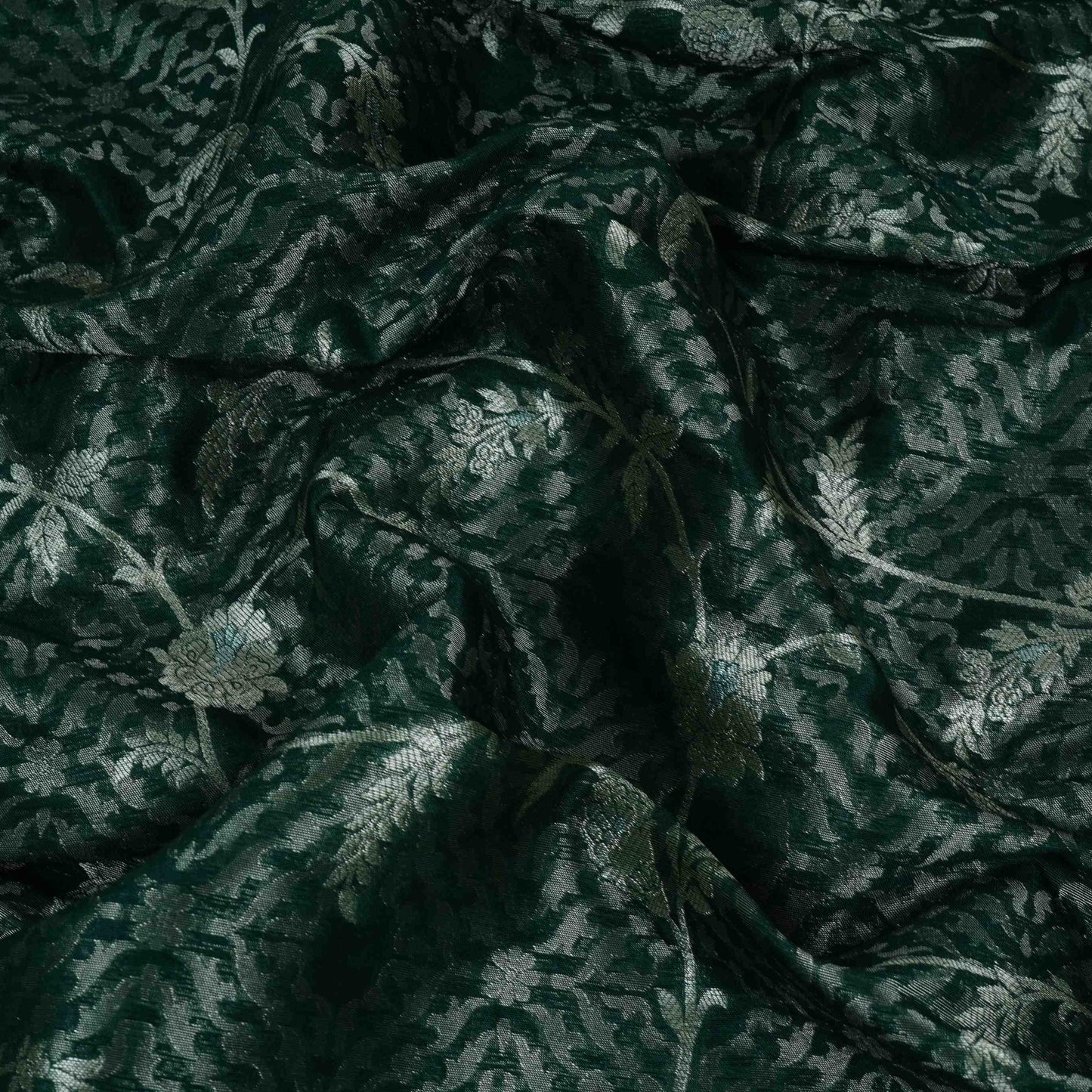 Bottle Green Silver Zari Meena Alfi Brocade Fabric HMSS-32734