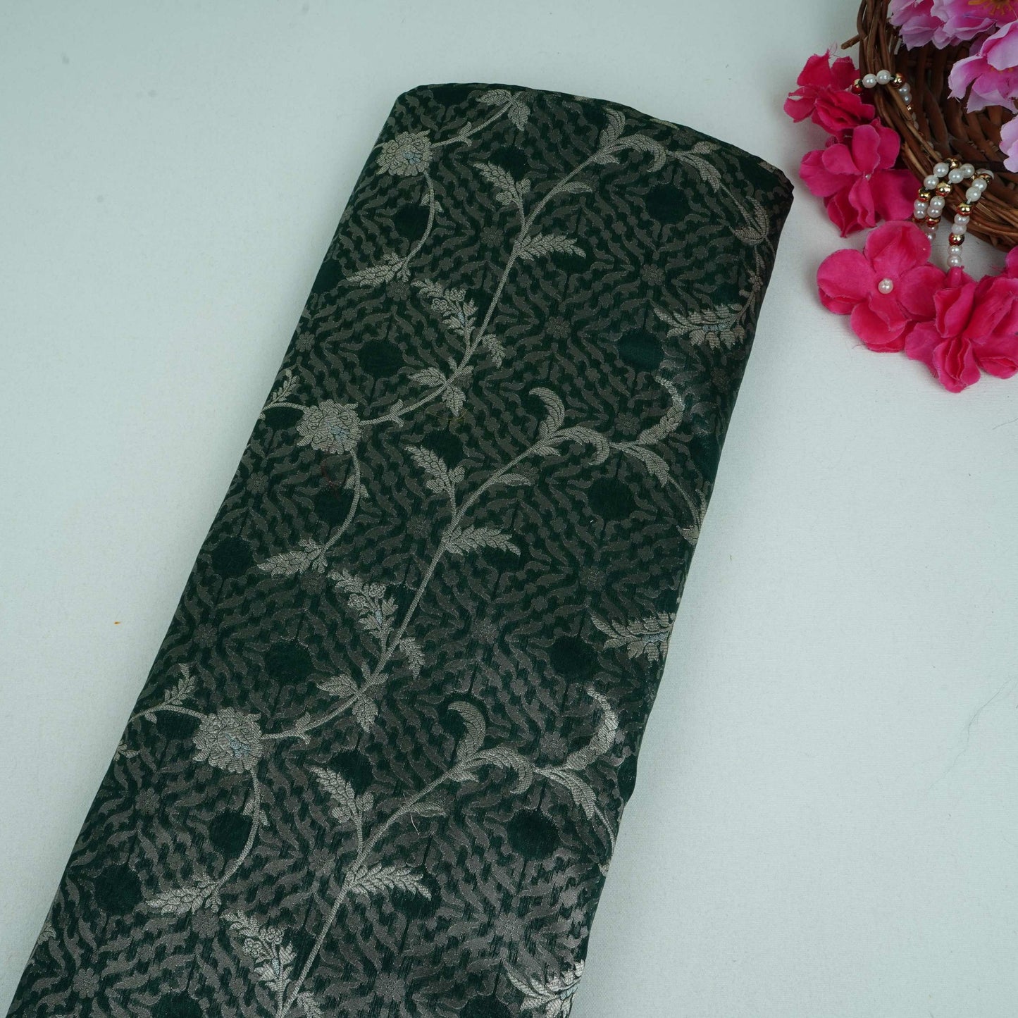 Bottle Green Silver Zari Meena Alfi Brocade Fabric HMSS-32734