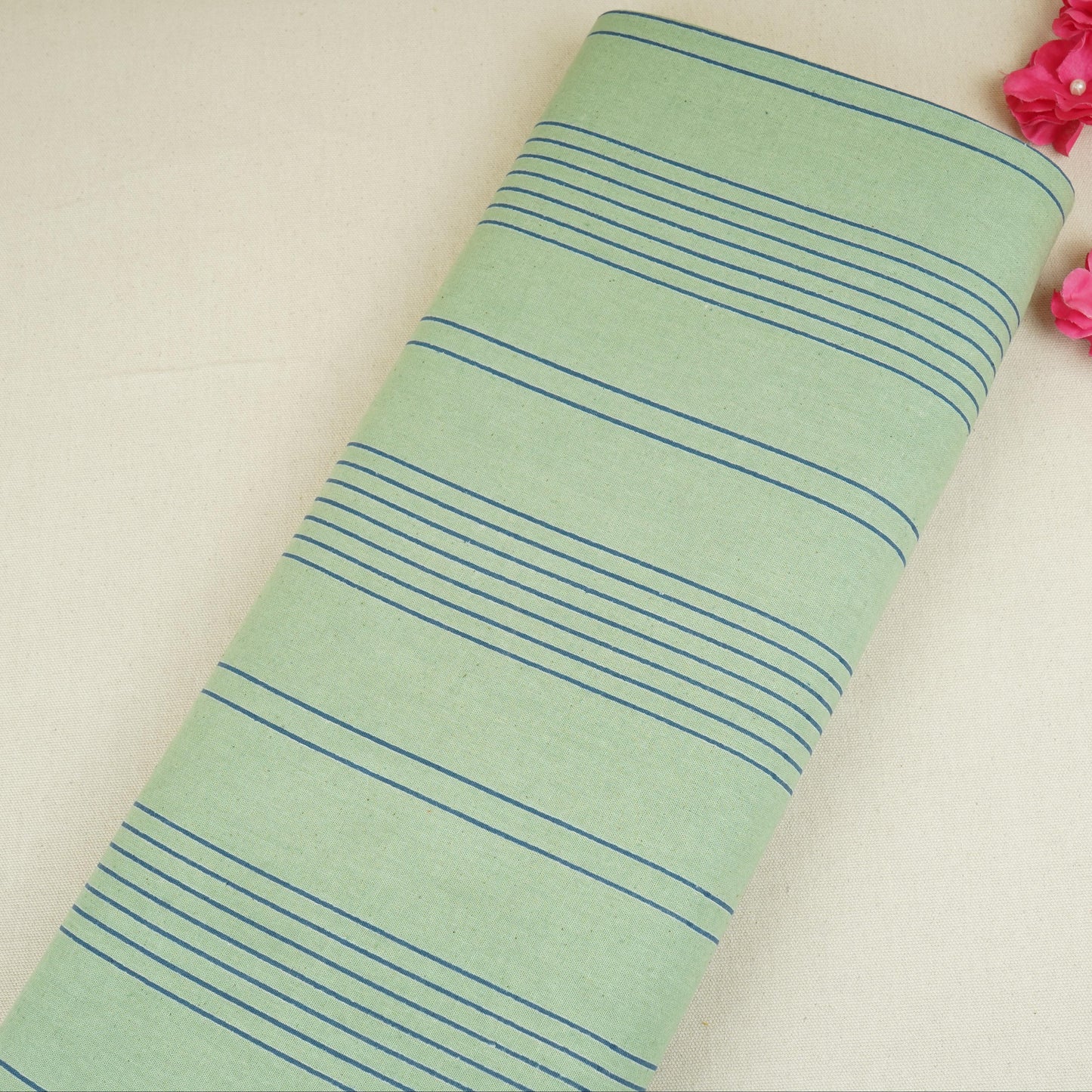 Green Stripes Print Cotton Linen SN-29504
