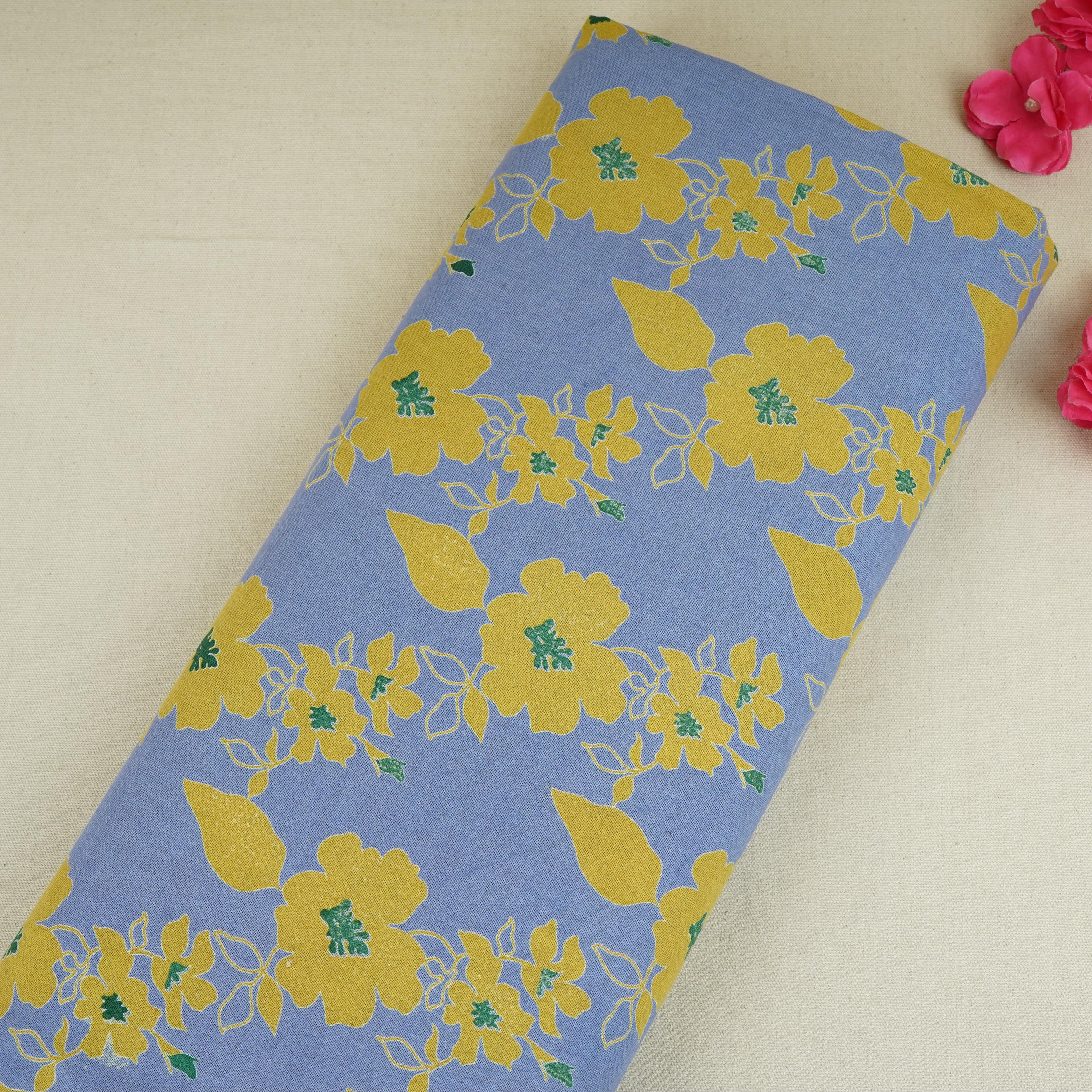 Sky Blue Floral Print Cotton Linen SN-29499 - TradeUNO