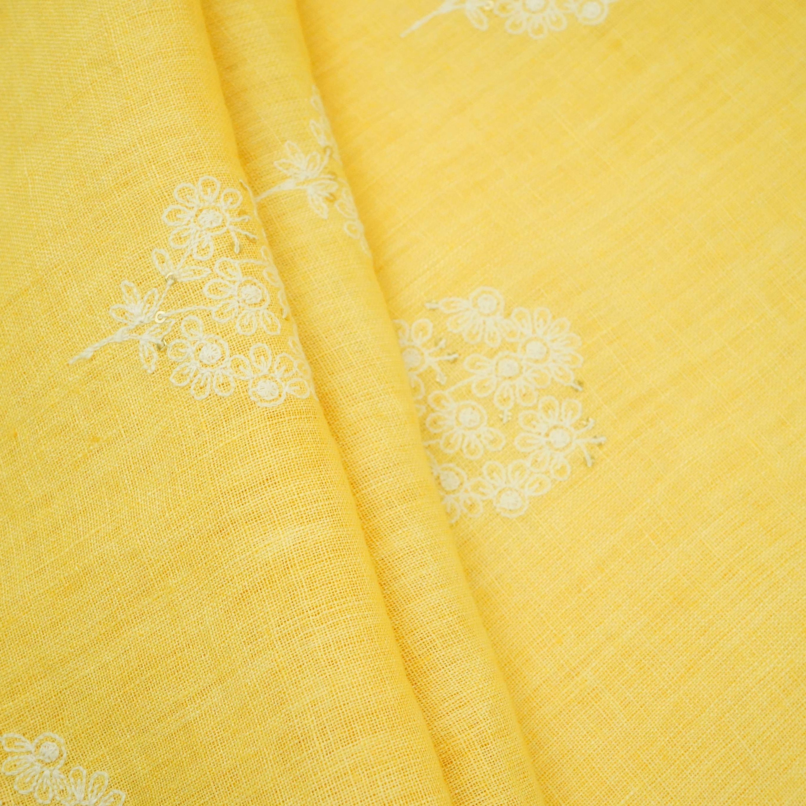 Light Yellow floral embroidery Pure Linen Fabric SN-31145 - TradeUNO