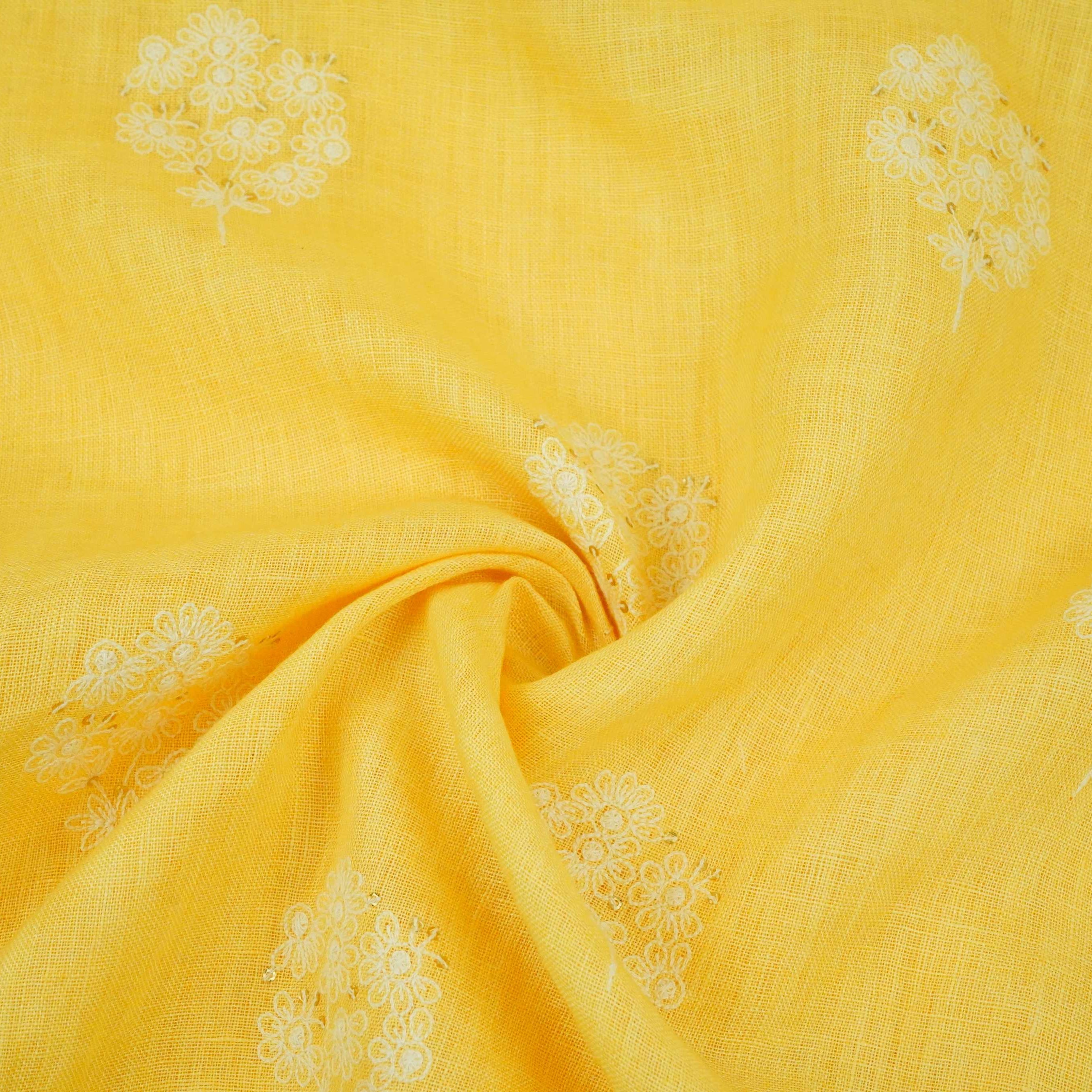Light Yellow floral embroidery Pure Linen Fabric SN-31145 - TradeUNO