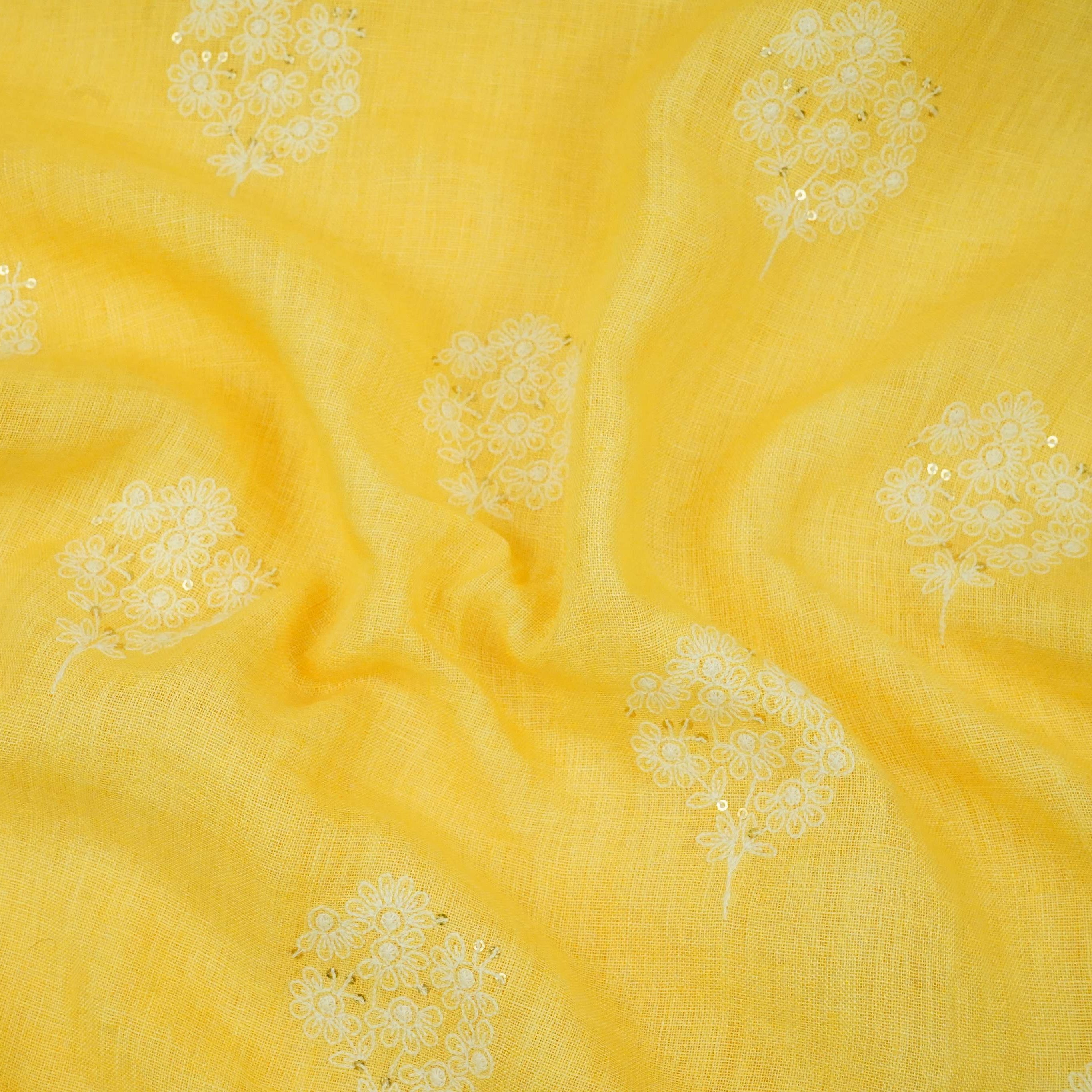 Light Yellow floral embroidery Pure Linen Fabric SN-31145 - TradeUNO