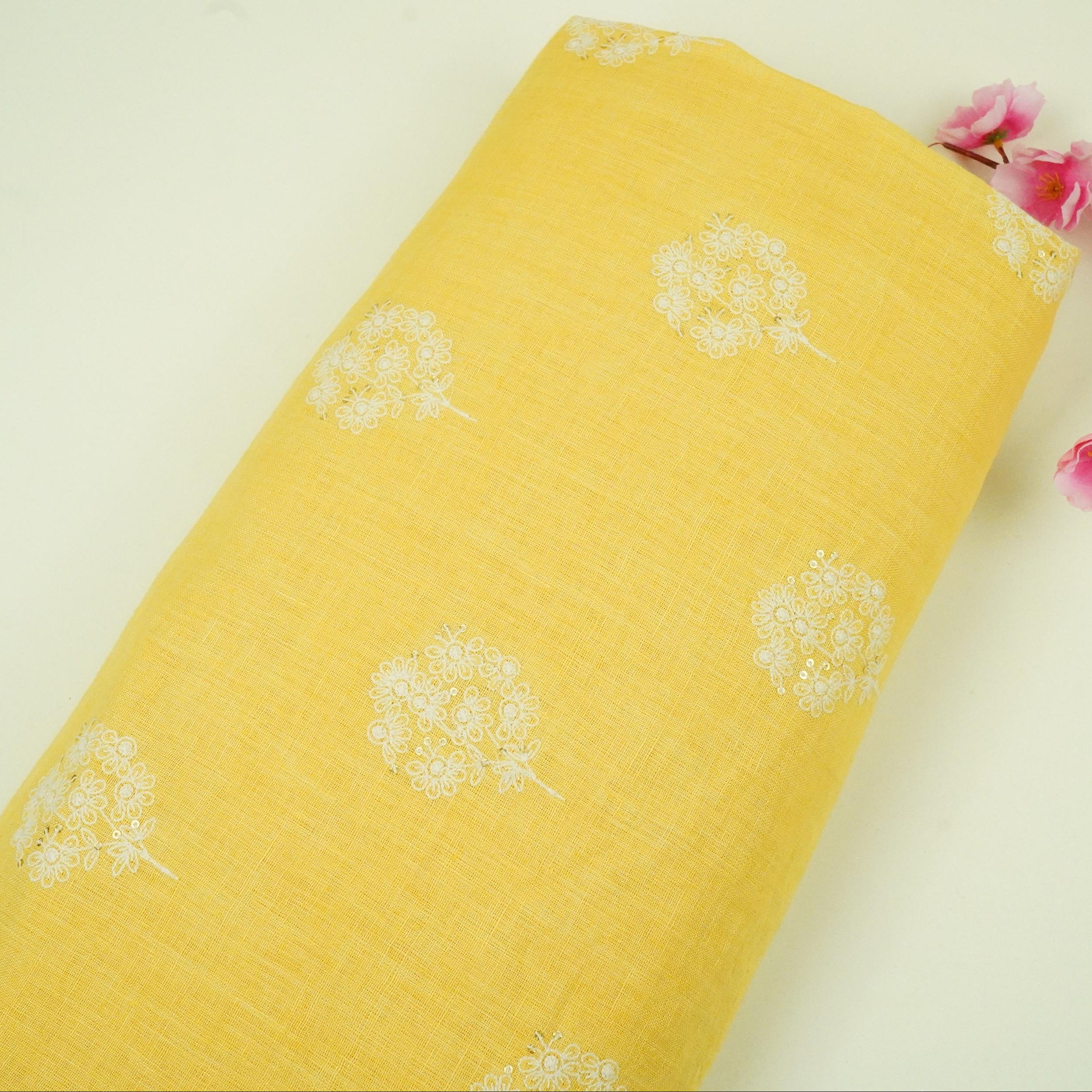 Light Yellow floral embroidery Pure Linen Fabric SN-31145 - TradeUNO