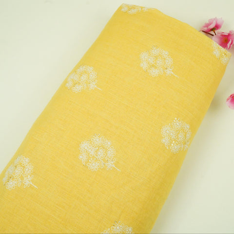 Light Yellow floral embroidery Pure Linen Fabric SN-31145