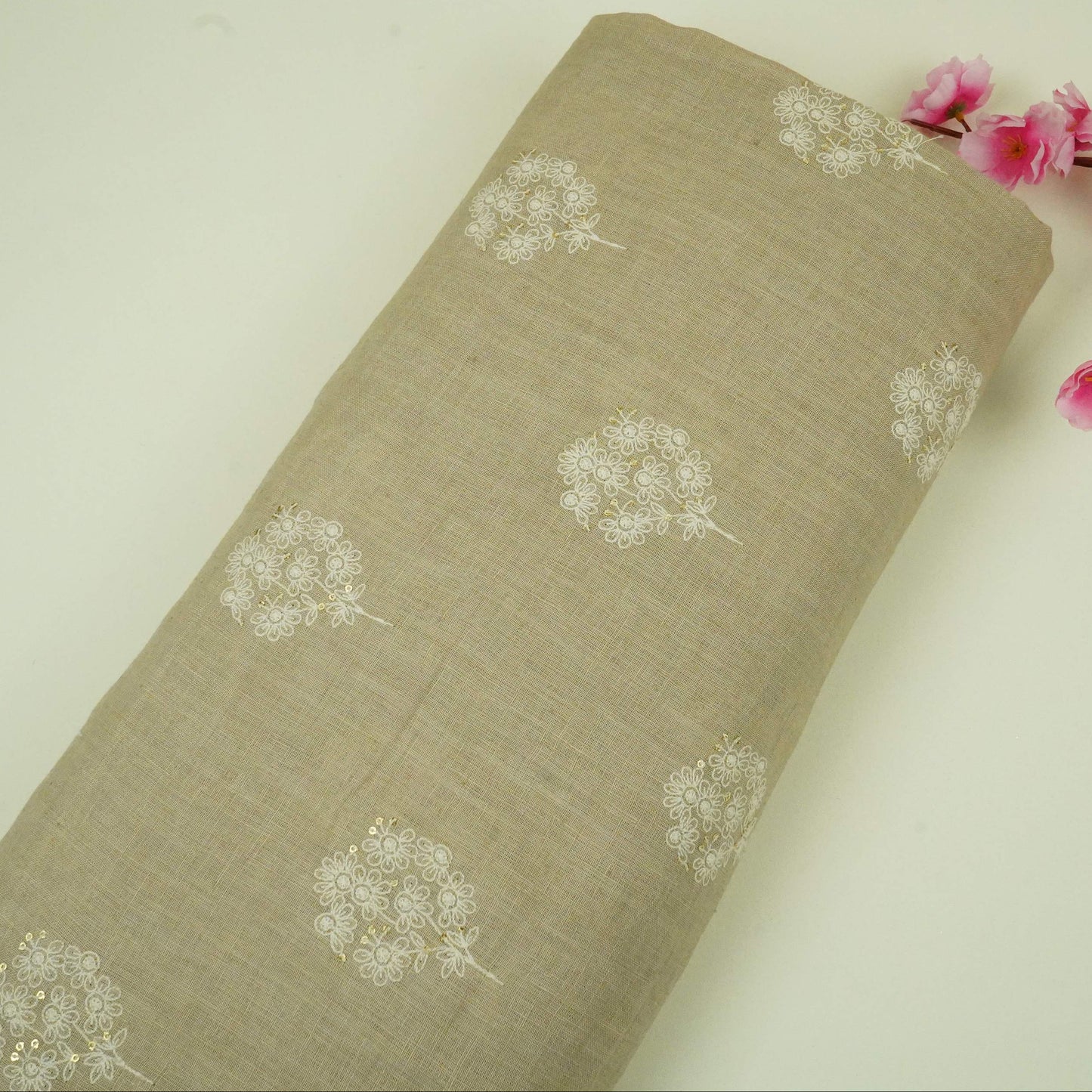 Greige floral embroidery Pure Linen Fabric SN-31144