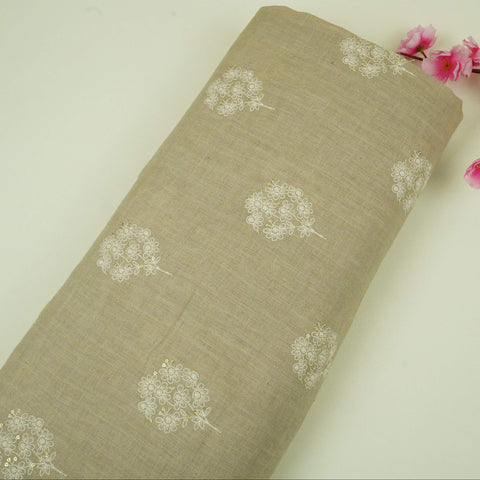 Greige floral embroidery Pure Linen Fabric SN-31144